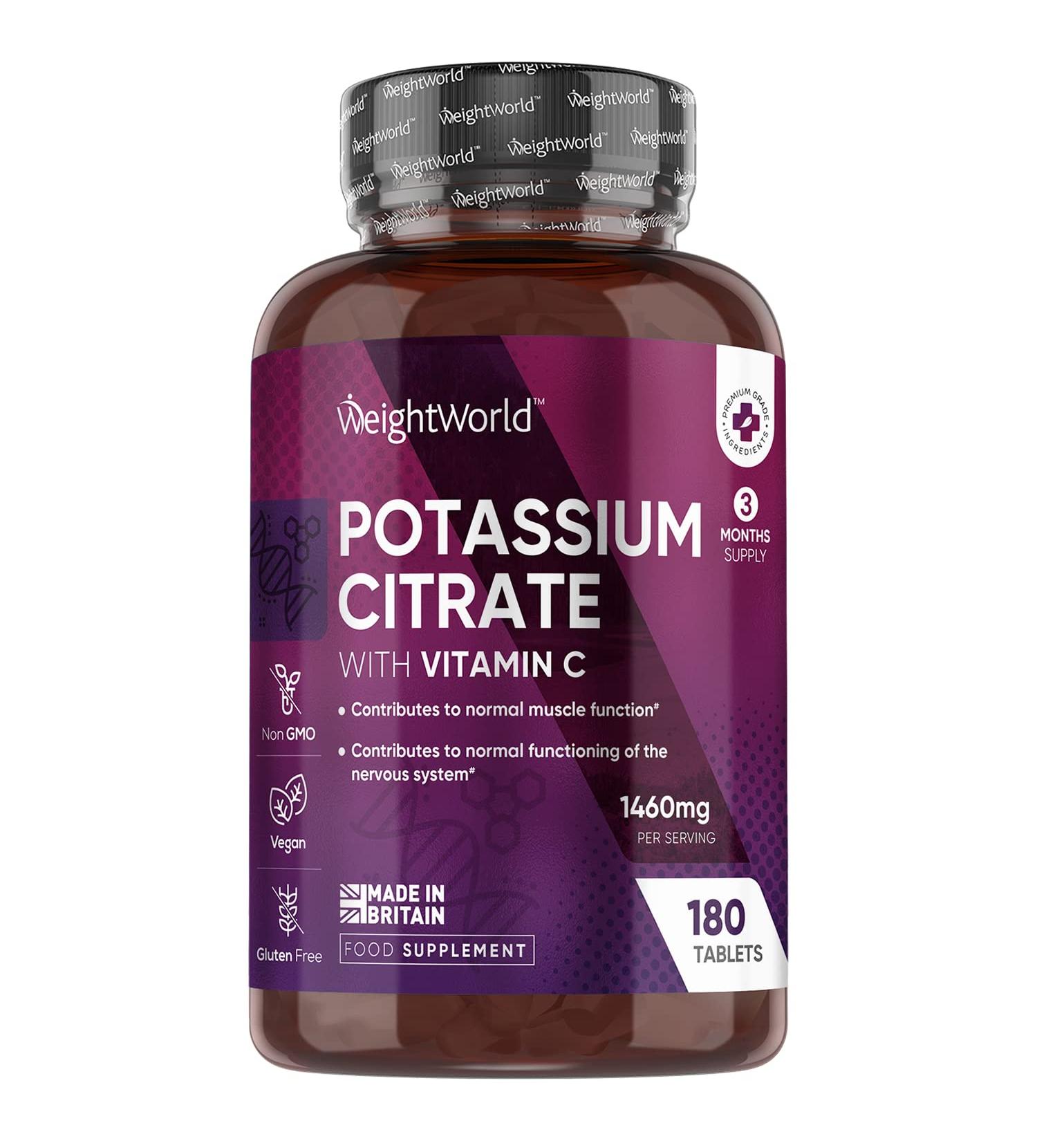 High Strength Potassium Supplement 1460mg with Vitamin C - 3 Months Supply - 180 Vegan Tablets for Muscle Function and Electrolyte Support - Buy Online on GoSupps.com