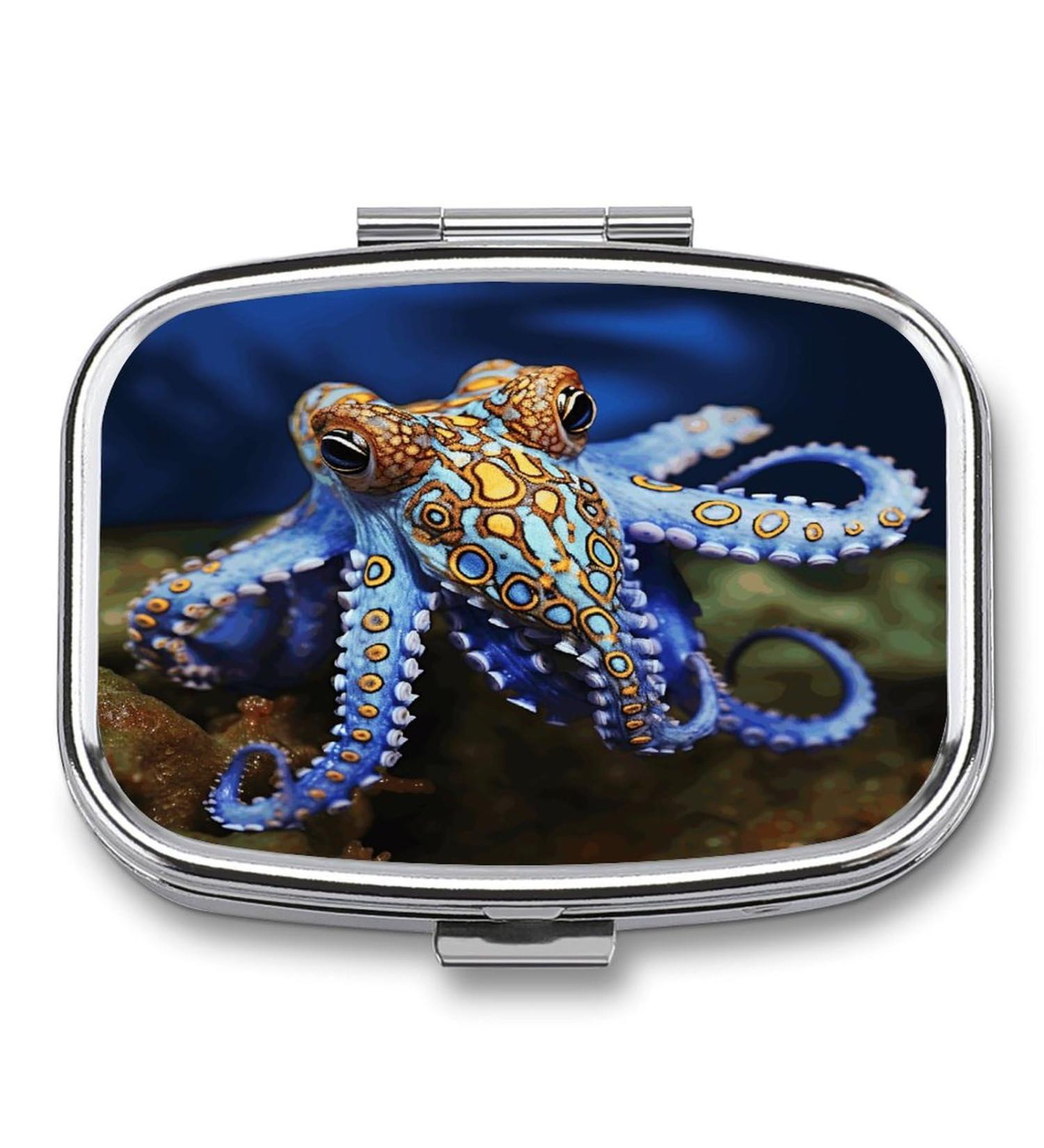 Blue Ringed Octopus Print Pill Box | 2 Compartment Portable Medicine Organizer | Decorative Metal Pill Case for Pocket or Purse - Buy Online on GoSupps.com