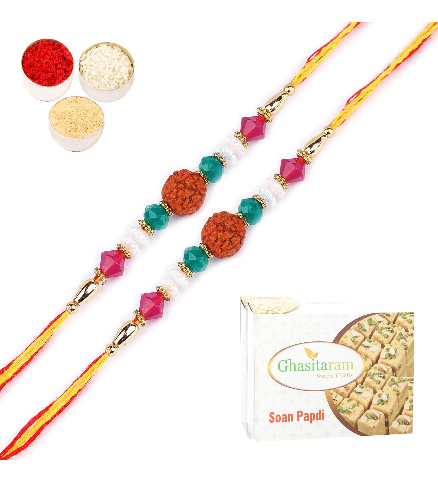 Ghasitaram Gifts Rakhi for Brother Rakhis Online - Set of 2-1988- Rudraksh Rakhi with 400 GMS of Soan Papdi Set of 2 Rakhis with 400 gms of Soan Papdi - Buy Online on GoSupps.com