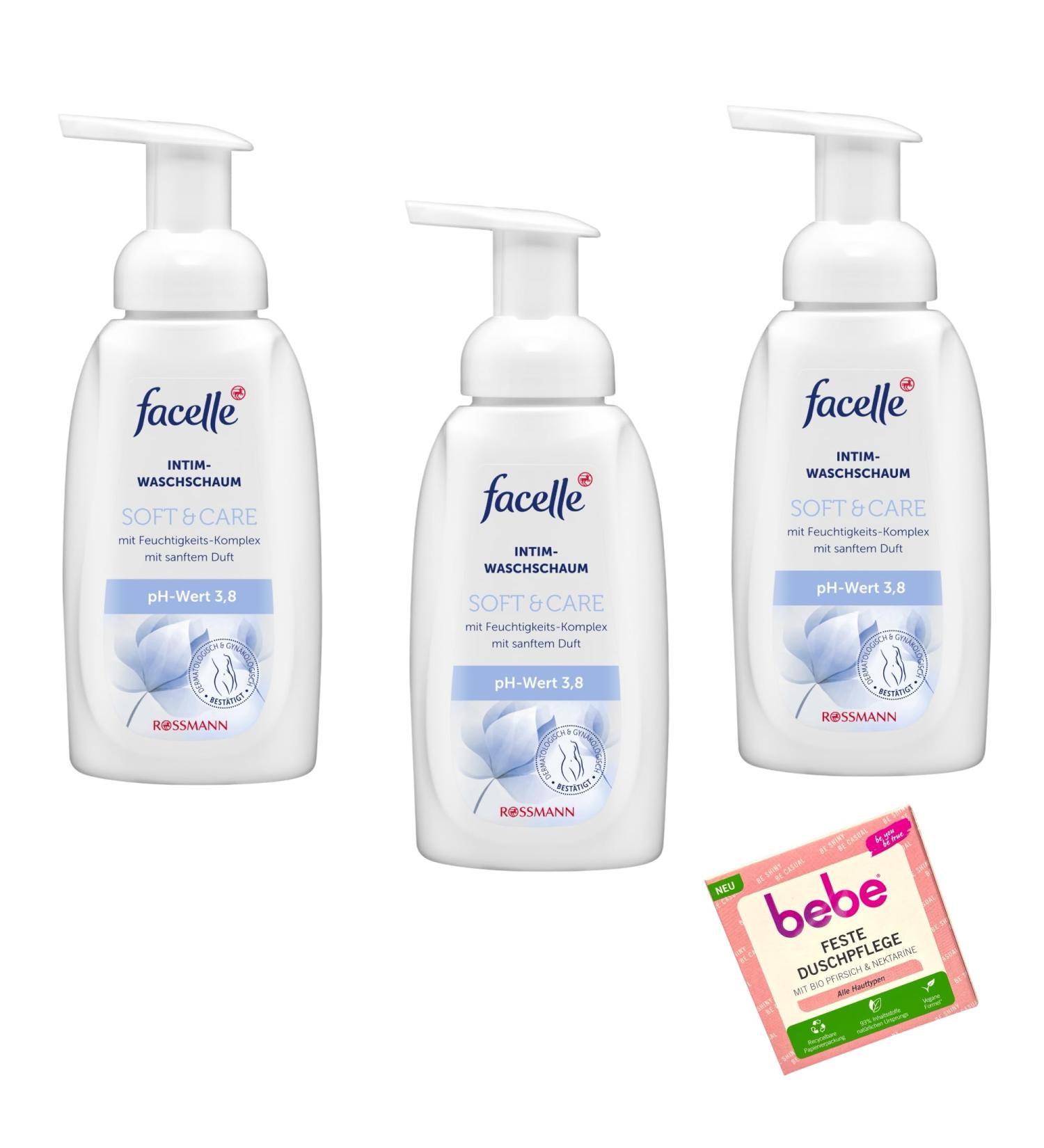Rossmann 3 x Facelle Intim washing foam soft & care + 1 x Bebe solid shower care 3 x 250 ml pH value 38
