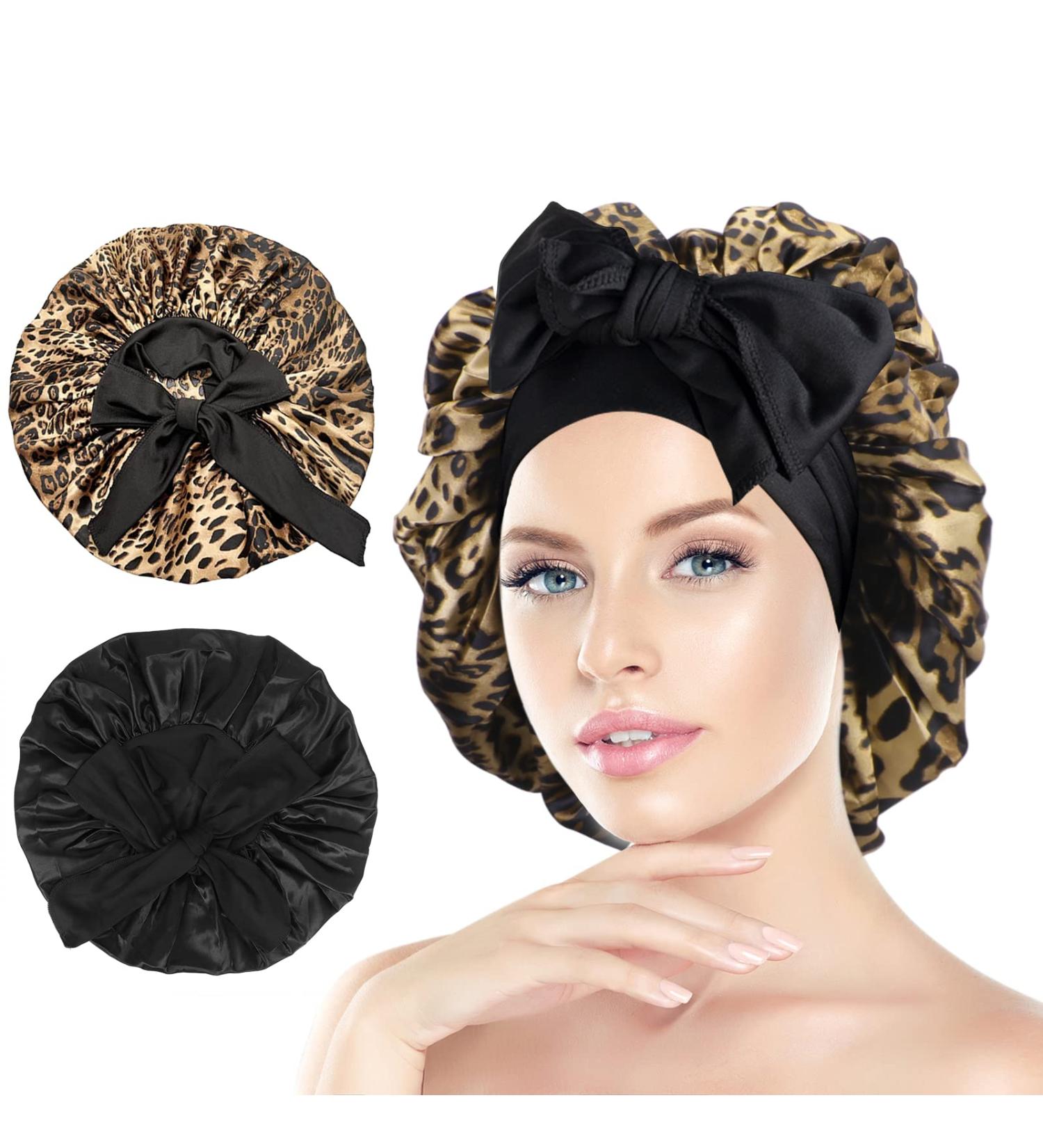 Arqumi Silk Bonnet 2PCS Large Hair Wrap for Sleeping - Adjustable Satin Cap for Long Curly Thick Black Hair - Women's Hair Care Bonnet in Black & Leopard Pattern - Buy Online on GoSupps.com