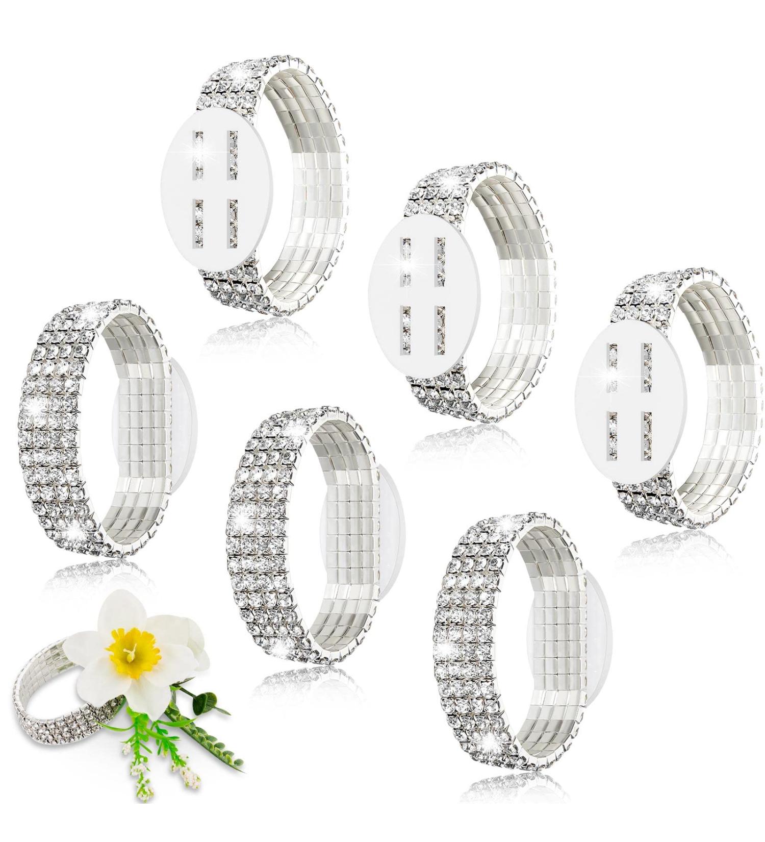 Corsage Bracelet Set - Rhinestone Elastic Wrist Corsage for Wedding, Prom, Bridal Shower - 6 Pack (Silver) - Buy Online on GoSupps.com