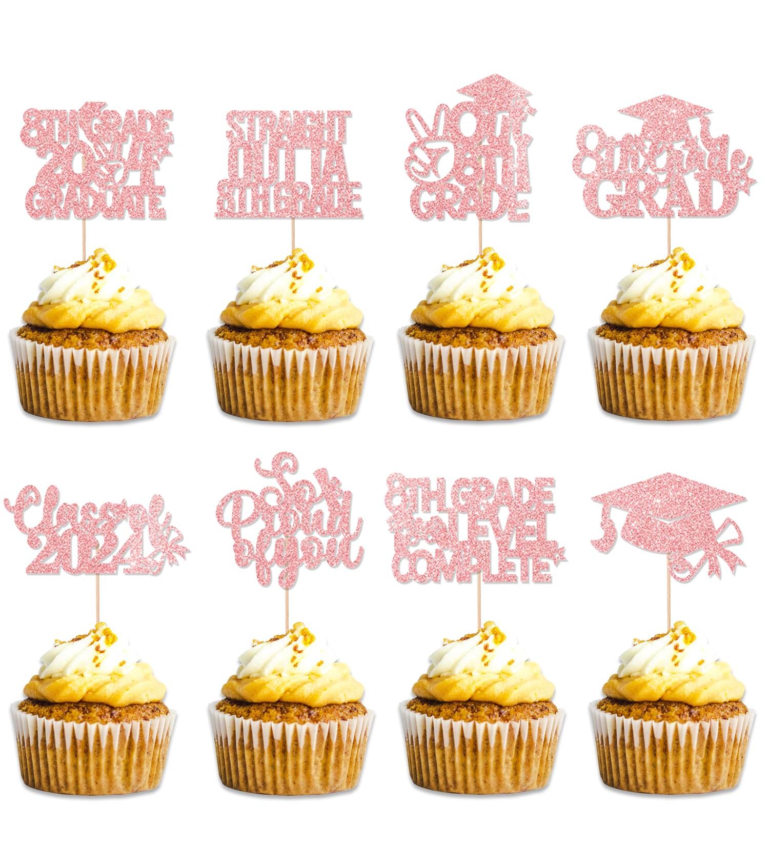 JKQ 32 Pieces 8th Grade Grad Cupcake Toppers Rose Gold Glittery Eighth Grade Graduation Cupcake Decorations 2024 Peace out 8th Grade Cupcake Picks for Middle School Grad Party Cupcake Decorations - Buy Online on GoSupps.com