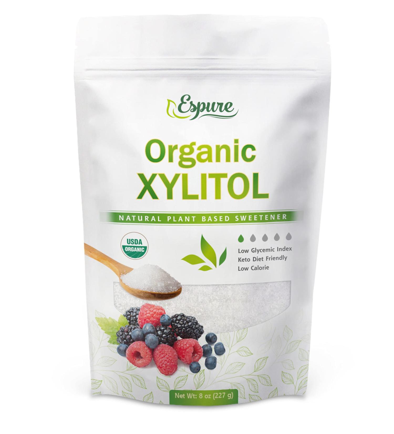 Espure Organic Xylitol - USDA Certified Plant Based Sweetener, Low Glycemic Index, Prebiotic, Sugar Substitute 8oz, Pack of 1
