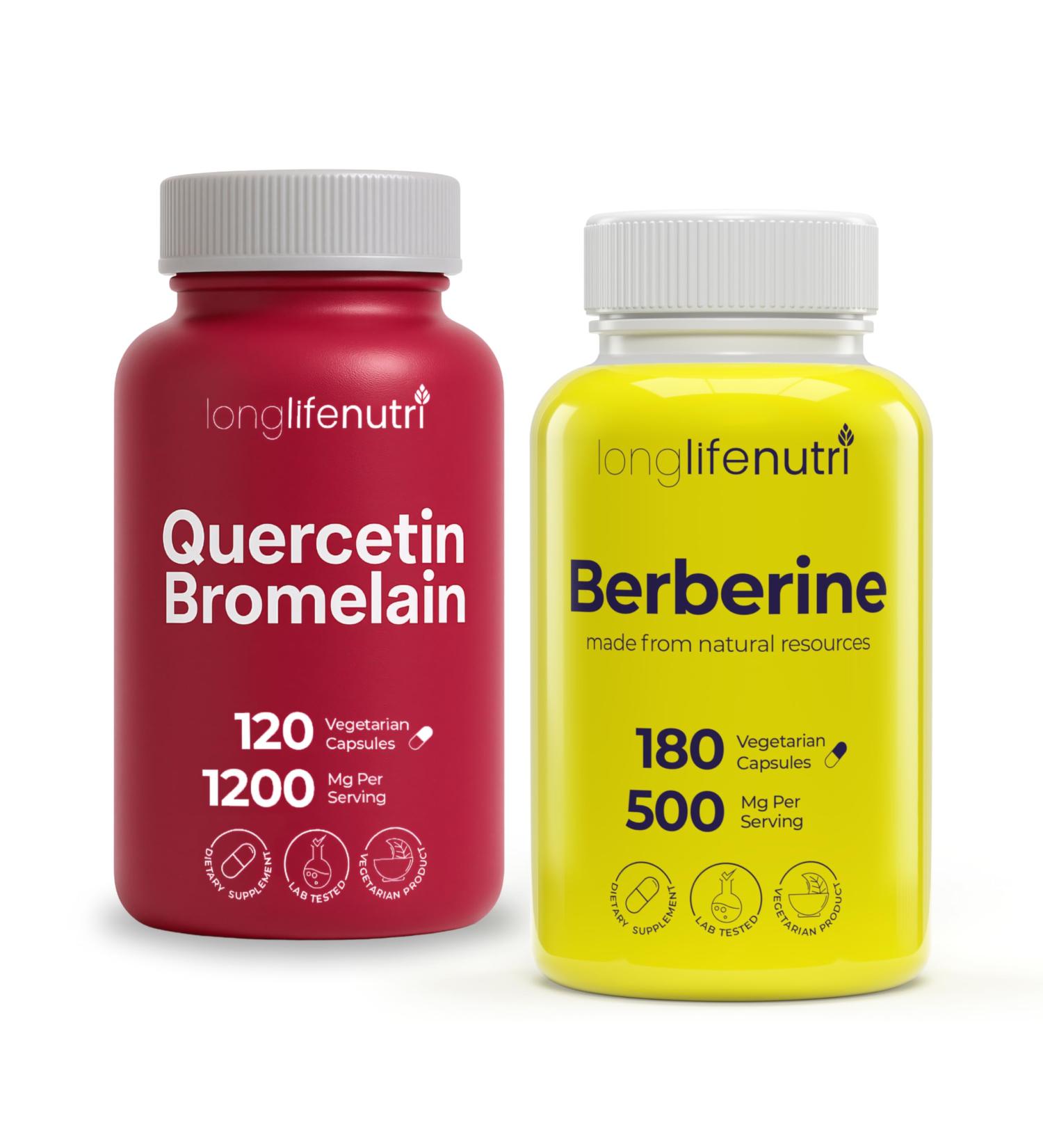 LongLifeNutri Quercetin 1000 mg with Bromelain 200 mg & Berberine HCl 500 mg Bundle 120 + 180 Vegetarian Capsules 2 6 Month Supply Botanical Alkaloid Complex Non-GMO GMP Certified Made in USA - Buy Online on GoSupps.com
