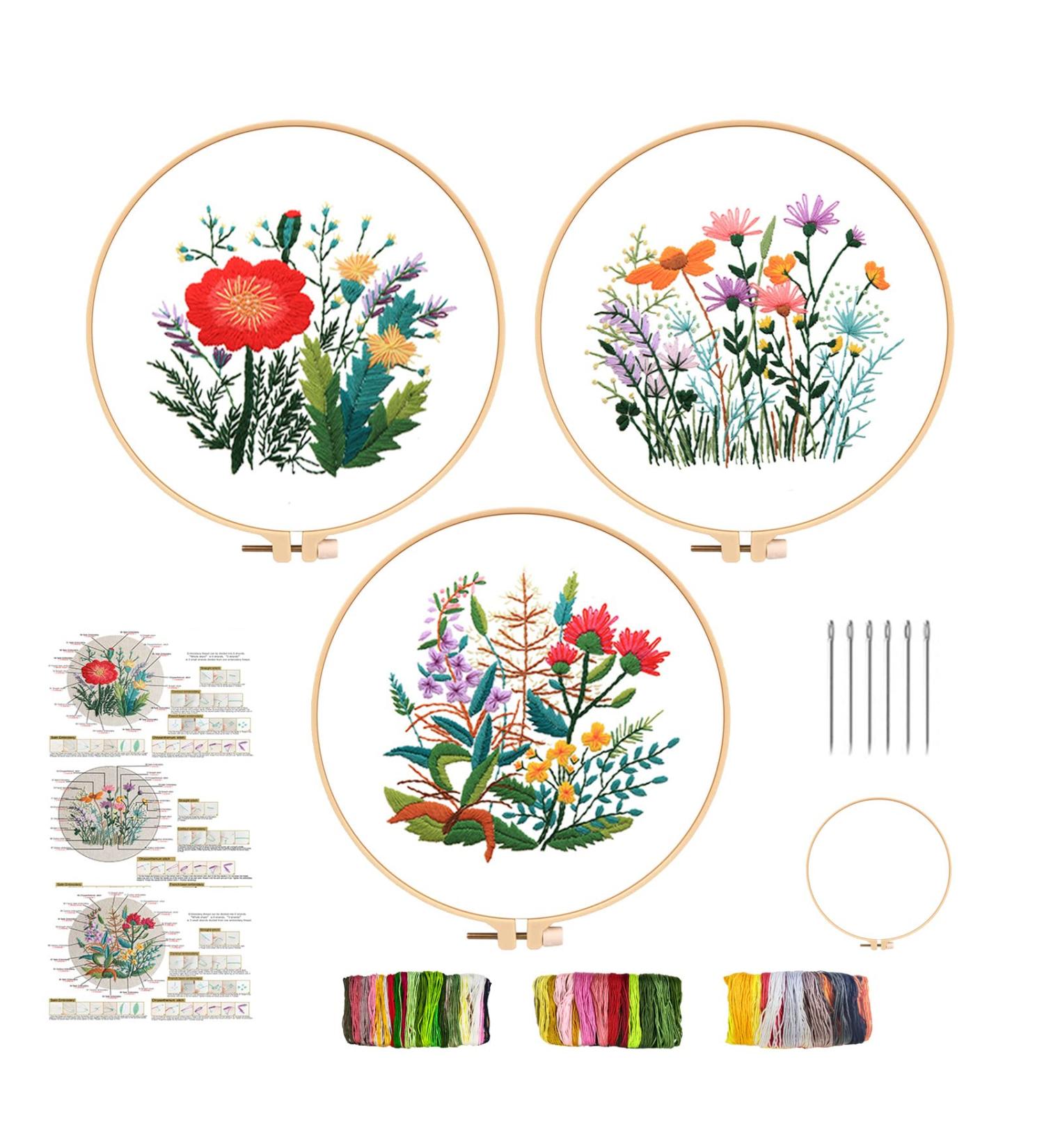 Embroidery Starter Kit for Adults - 3 Sets with Flower Pattern | Cross Stitch for Beginners | Stamped Embroidery Hoop and Fabric Included - Buy Online on GoSupps.com