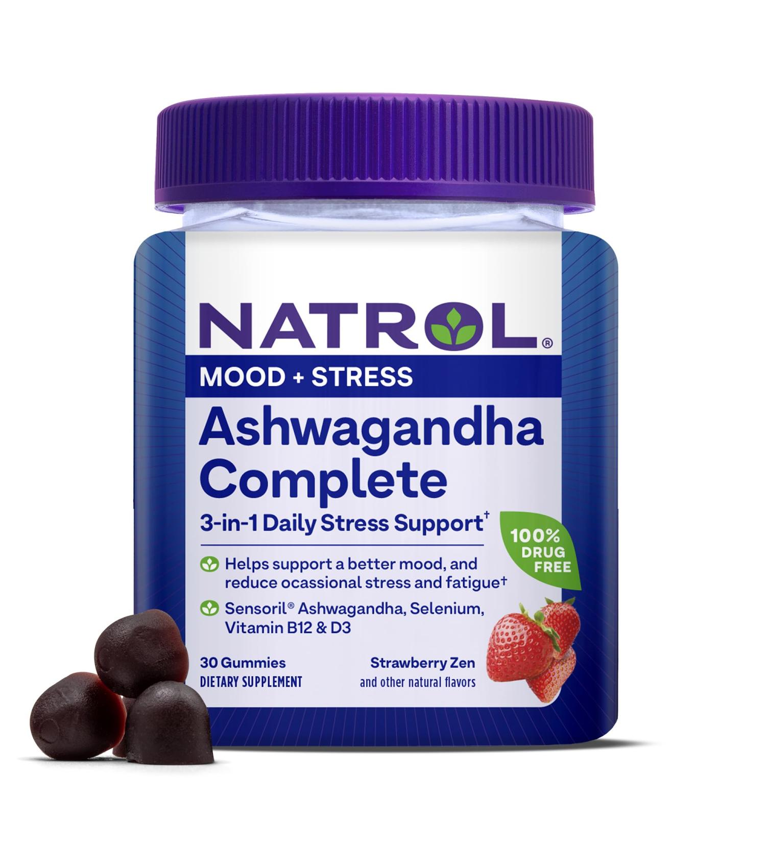 Natrol Ashwagandha Complete Gummy 3-in-1 Daily Stress Support Supports Better Mood Reduces Occasional Stress and Fatigue 30 Gummies Up to a 15 Day Supply - Buy Online on GoSupps.com