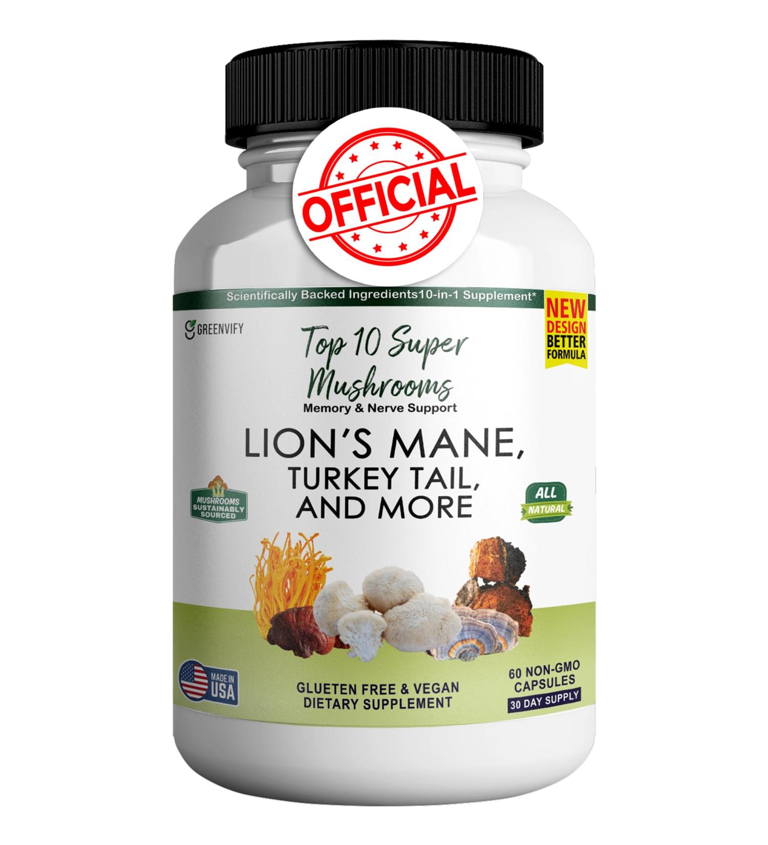 GREENVIFY Mushrooms Lion's Mane - Brain Health Support Supplement - Mushroom Supplement to Support Focus & Memory Function - Immune & Nervous System Support Supplement (1) - Buy Online on GoSupps.com