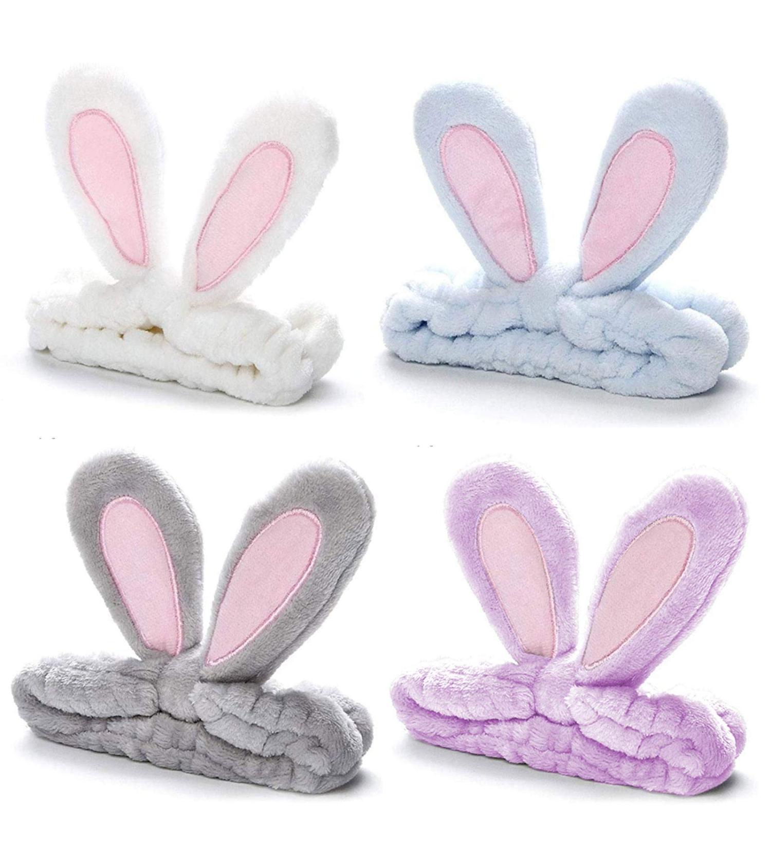 Whaline 4 Pack Easter Rabbit Ear Makeup Headband Set for Women - Coral Fleece Elastic Head Wrap for Party, Beauty Shower - Blue, White, Gray, Purple - Buy Online on GoSupps.com