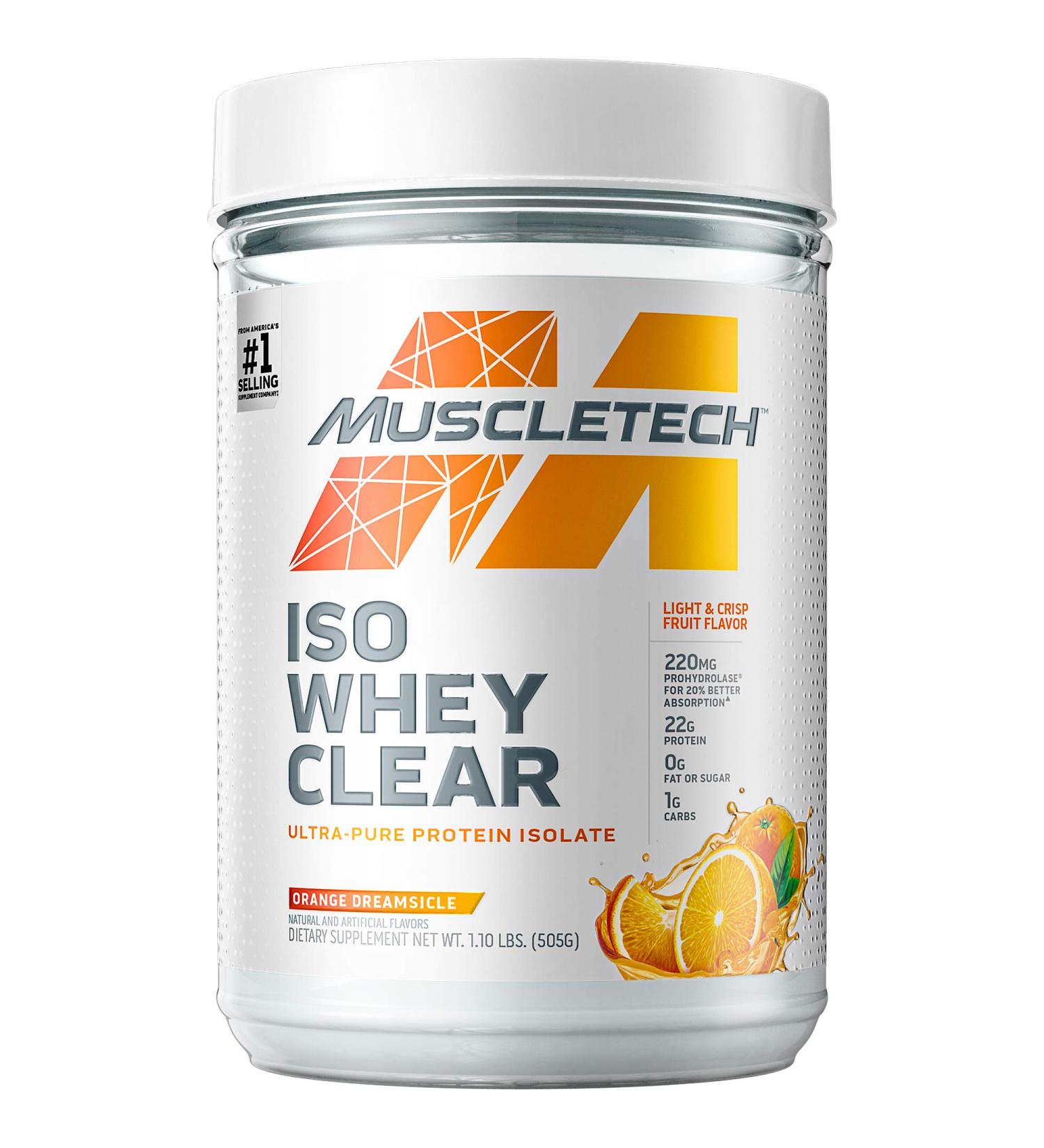 Muscletech Clear Whey Isolate Protein Powder Bundle - Lemon Berry Blizzard and Orange Dreamsicle Flavors 22g Protein 90 Calories 1.1lb Each - Buy Online on GoSupps.com