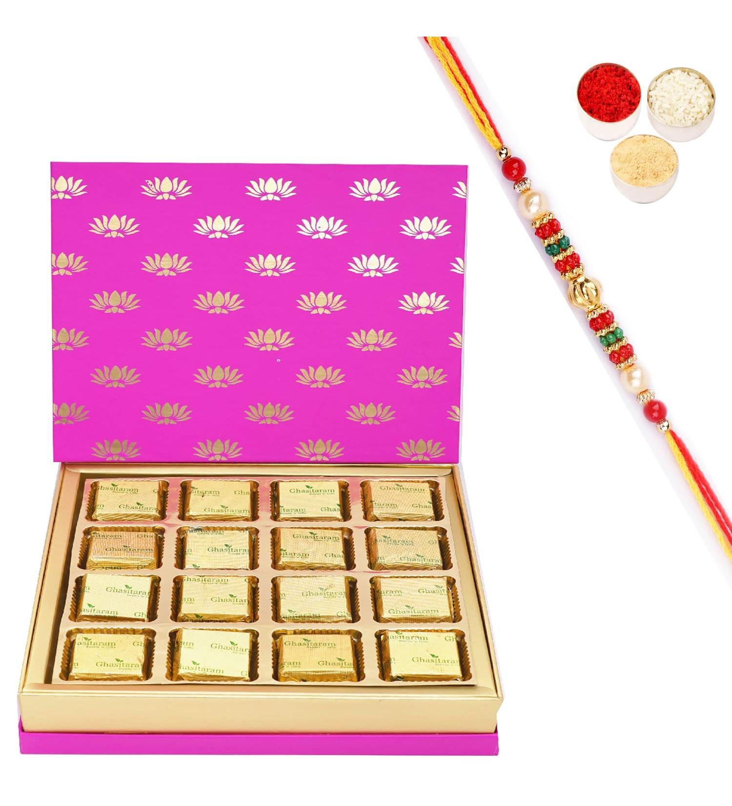 Ghasitaram Gifts Rakhi Gifts for Brothers Festive Pink Box of Mixed Nuts Chocolate with Pearl Beads Rakhi Box of Mixed Nuts Chocolate with Rakhi - Buy Online on GoSupps.com