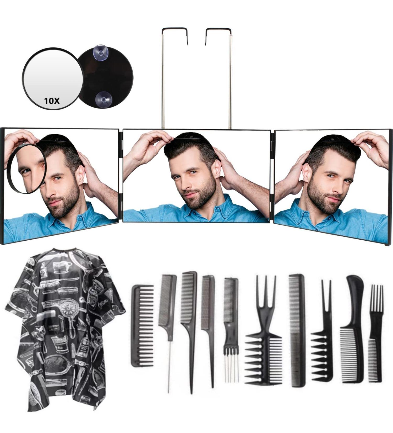 Feisate 3 Way Barber Mirror for Hair Cutting - Height Adjustable, Black - Buy Online on GoSupps.com