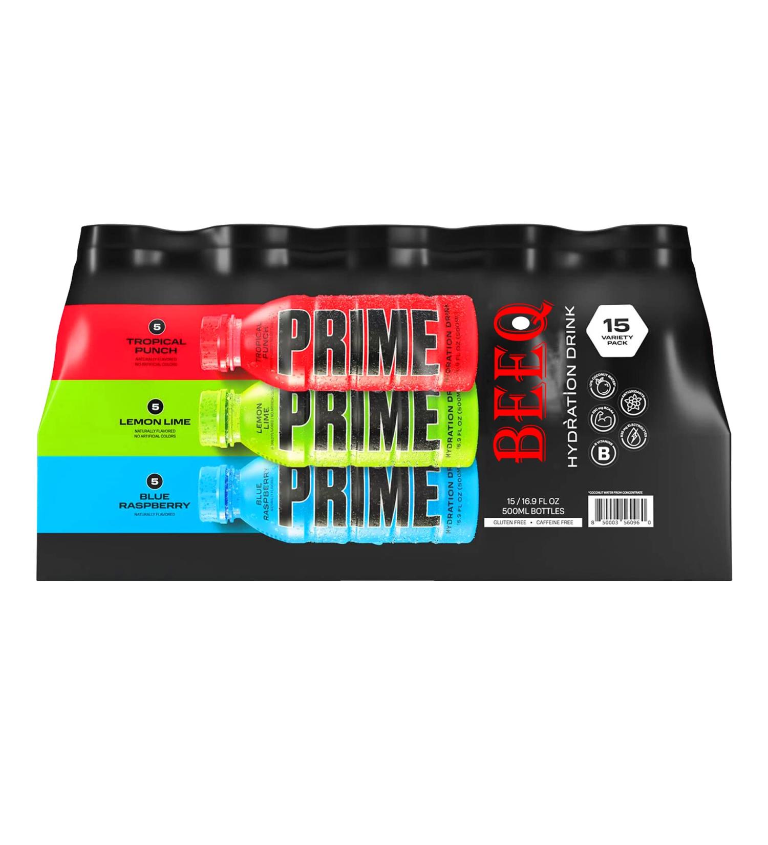 BEEQ Prime Hydration Drink Variety Pack - Tropical Punch, Lemon Lime, Blue Raspberry - 16.9 fl. oz (Pack of 15) - Buy Online on GoSupps.com
