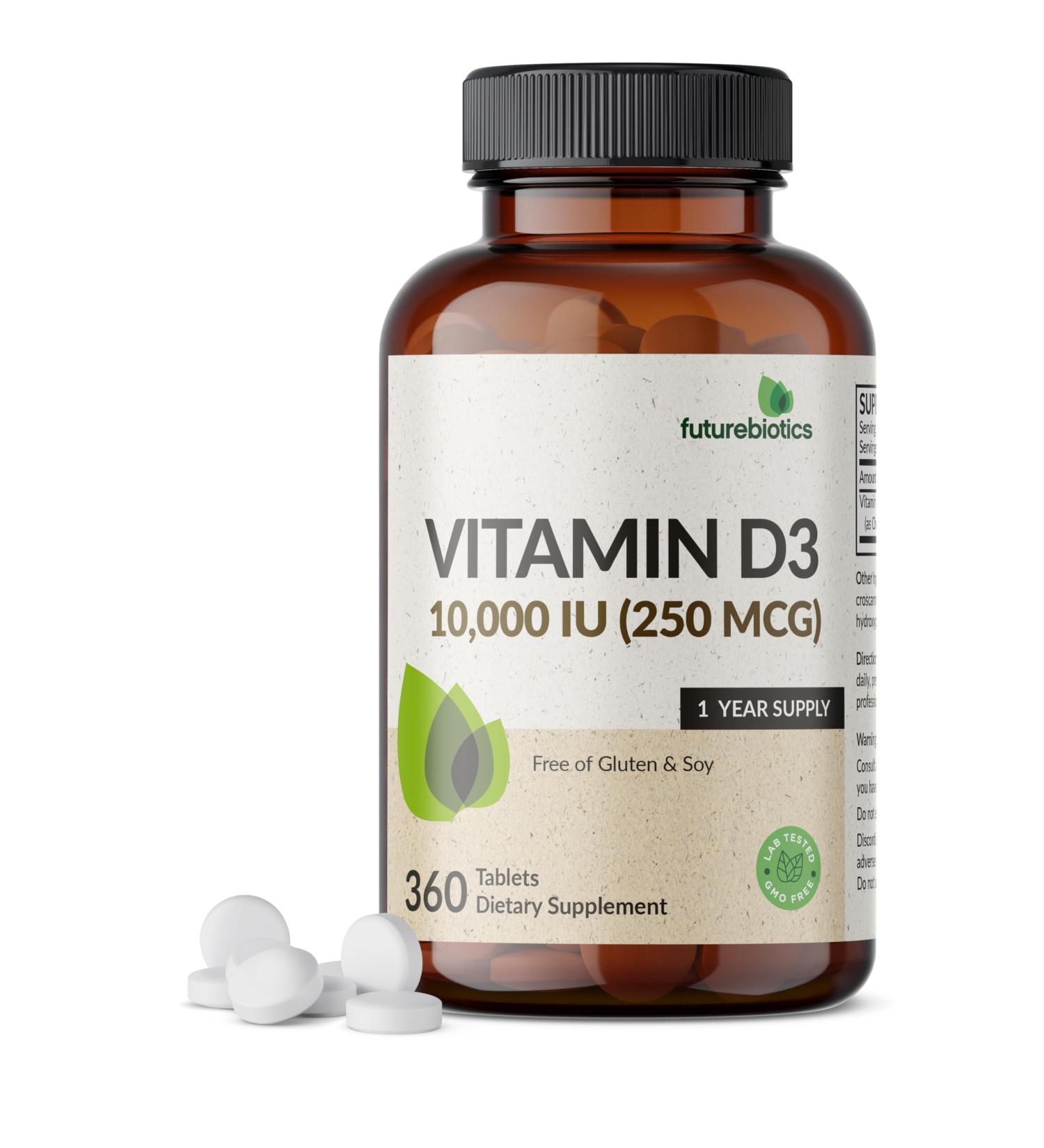 Futurebiotics Vitamin D3 10 000iu (250mcg) 360 Day Supply for Healthy Muscle Function and Immune Support Non-GMO 360 Tablets - Buy Online on GoSupps.com