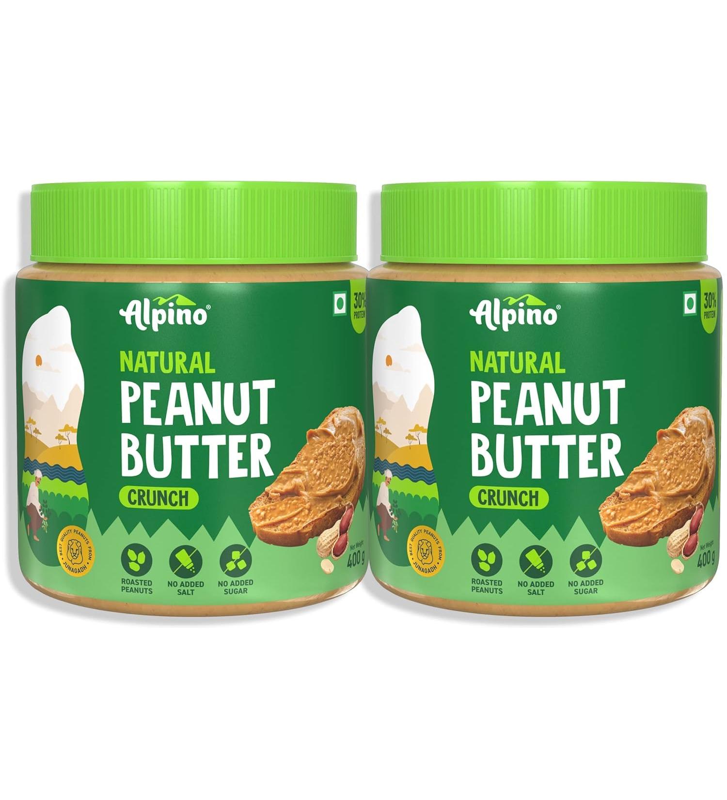 ALPINO Natural Peanut Butter Crunch 800g - 100% Roasted Peanuts - 30g Protein No Added Sugar & Salt Gluten Free Vegan Plant Based Unsweetened Peanut Butter Crunchy 400g Pack of 2 - Buy Online on GoSupps.com