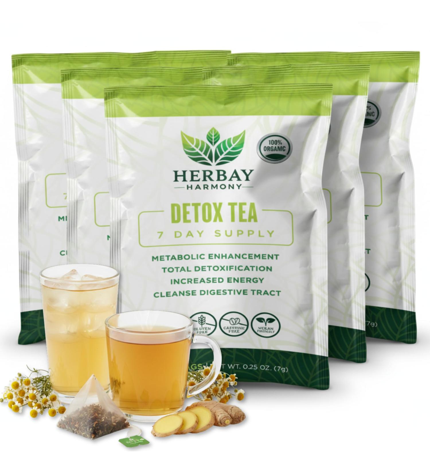Herbay Harmony Organic Detox Tea Caffeine-Free Herbal Cleanse for Bloating Relief, Digestive Tea & Natural Body Detox, Organic Herbal Blend with Ginger, Chamomile & Papaya (4 Pack (4 Week Detox Kit) - Buy Online on GoSupps.com