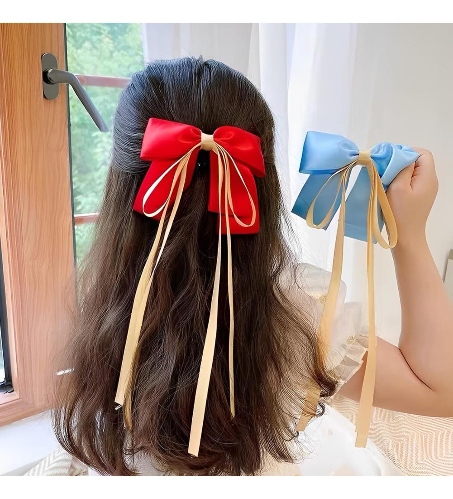 Ribbon Bowknot Hair Clips With Long Tail Hair Bow Barrettes for Cosplay Hair Bow Clip Ribbon Hair Accessories for Girls Women Birthday Christmas Gifts for Daughter Sister - Buy Online on GoSupps.com