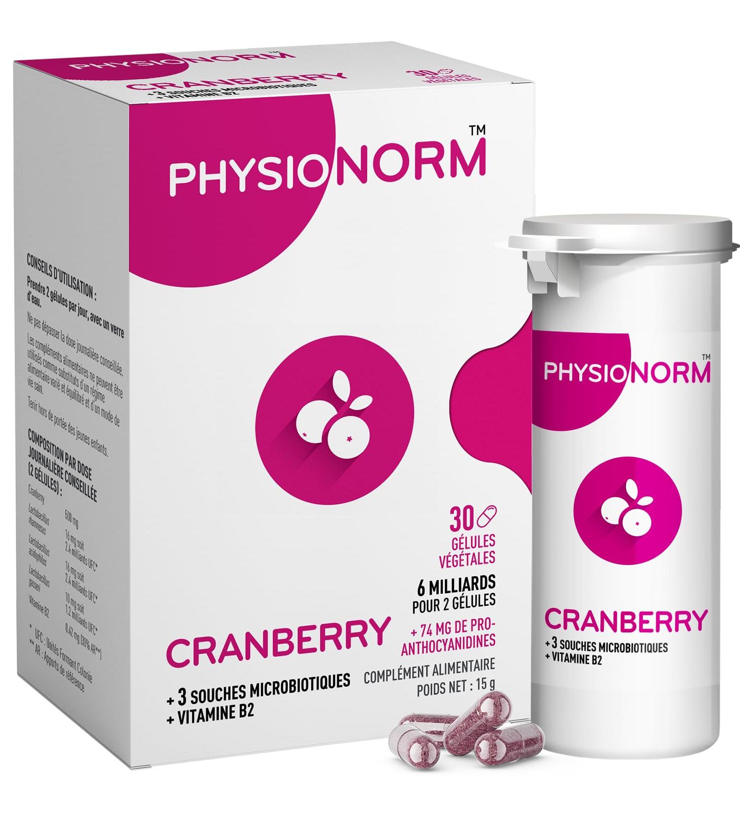 Physionorm Cranberry - Complement Alimentaire pour Femme Contre Infections Urinaires - Renforce la Flore Intestinale - Probiotique Ferments Lactiques & Vitamine B2-30 ge lules - Buy Online on GoSupps.com