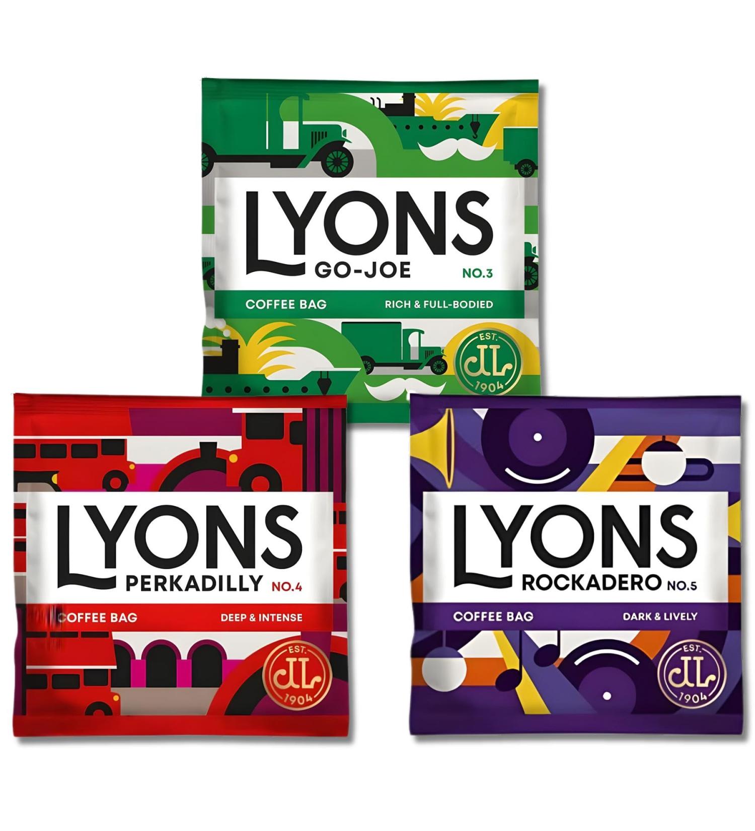 Lyons Ground Coffee Sachets Pick N Mix | Choose From 2 from 3 Flavours | Rich Full-Bodied Dark Roast | Rockadero No 5 Perkadilly No 4 & Go Joe No 3 - Pack of 100 (50 of Each) 70 g (Pack of 100) - Buy Online on GoSupps.com