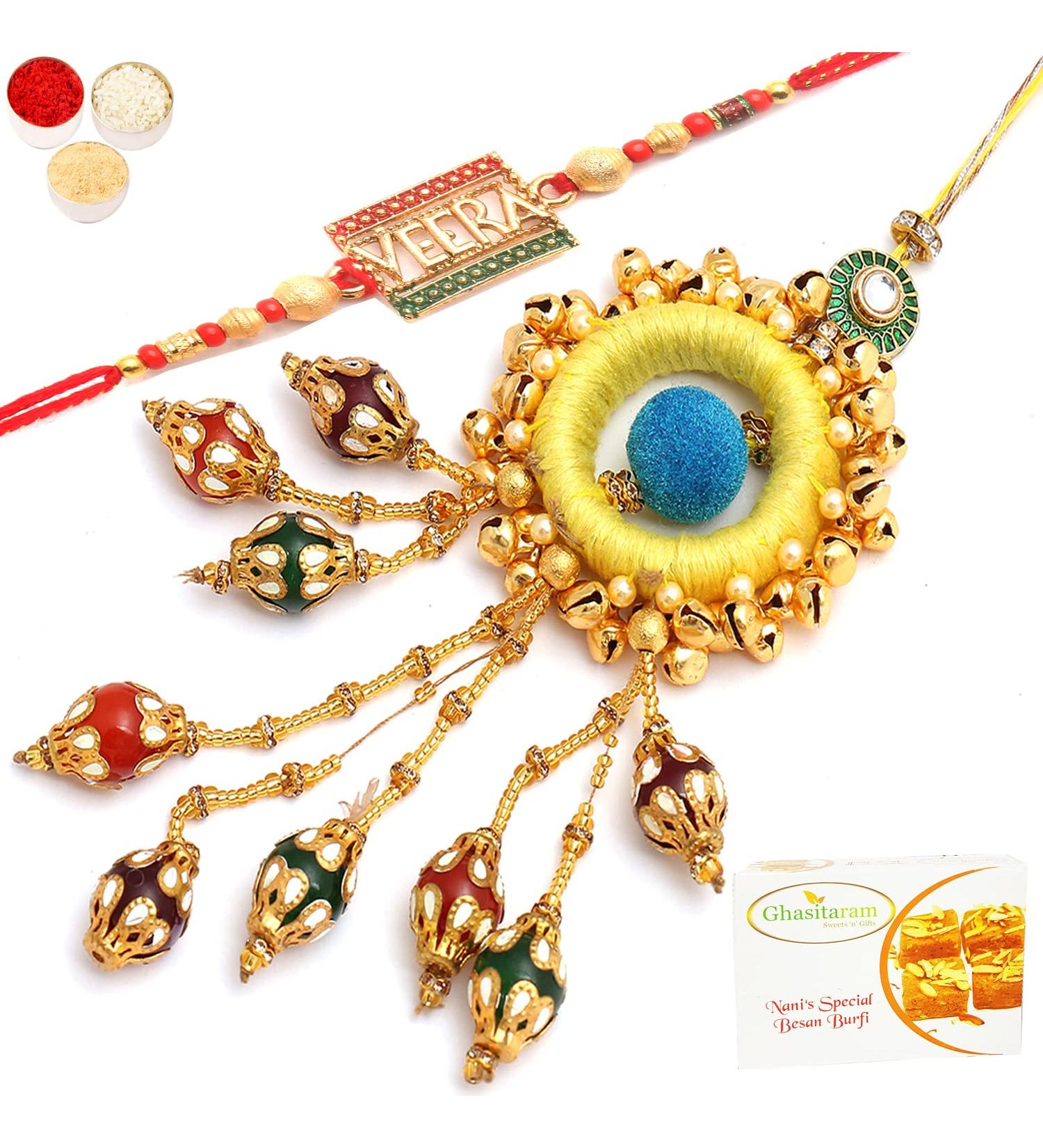 Ghasitaram Gifts Rakhis Online - Rakhi for Brother- Mere Pyaare Veera rm 072 Bhaiya Bhabhi Rakhi with 200 GMS of Besan Barfi Rakhi Set with 200 gms of Besan Barfi - Buy Online on GoSupps.com