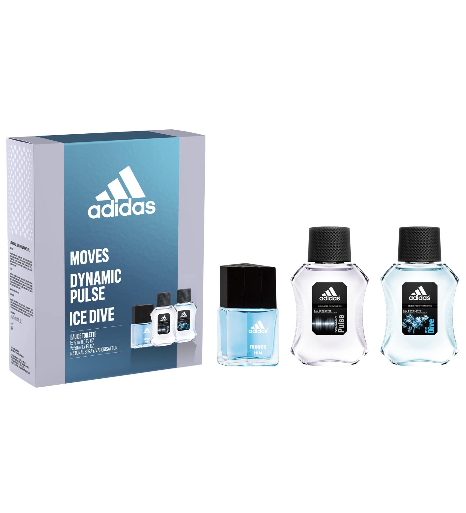 adidas 3 piece Gift Set for Men - 0.5 oz Moves Eau De Toilette Spray + 1.7 oz Ice Dive Eau De Toilette Spray + 1.7 oz Dynamic Pulse Eau De Toilette Spray 3 Fl Oz (Pack of 1) - Buy Online on GoSupps.com