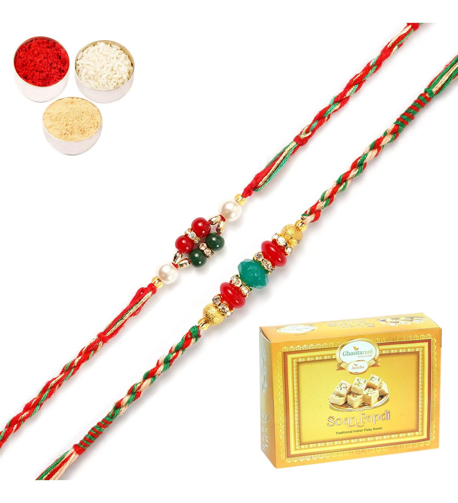 Ghasitaram Gifts Rakhi for Brother Rakhis Online -Set of 2 Pearl Rakhis with 200 GMS of Soan Papdi Rakhi with 200 gms of Soan Papdi - Buy Online on GoSupps.com