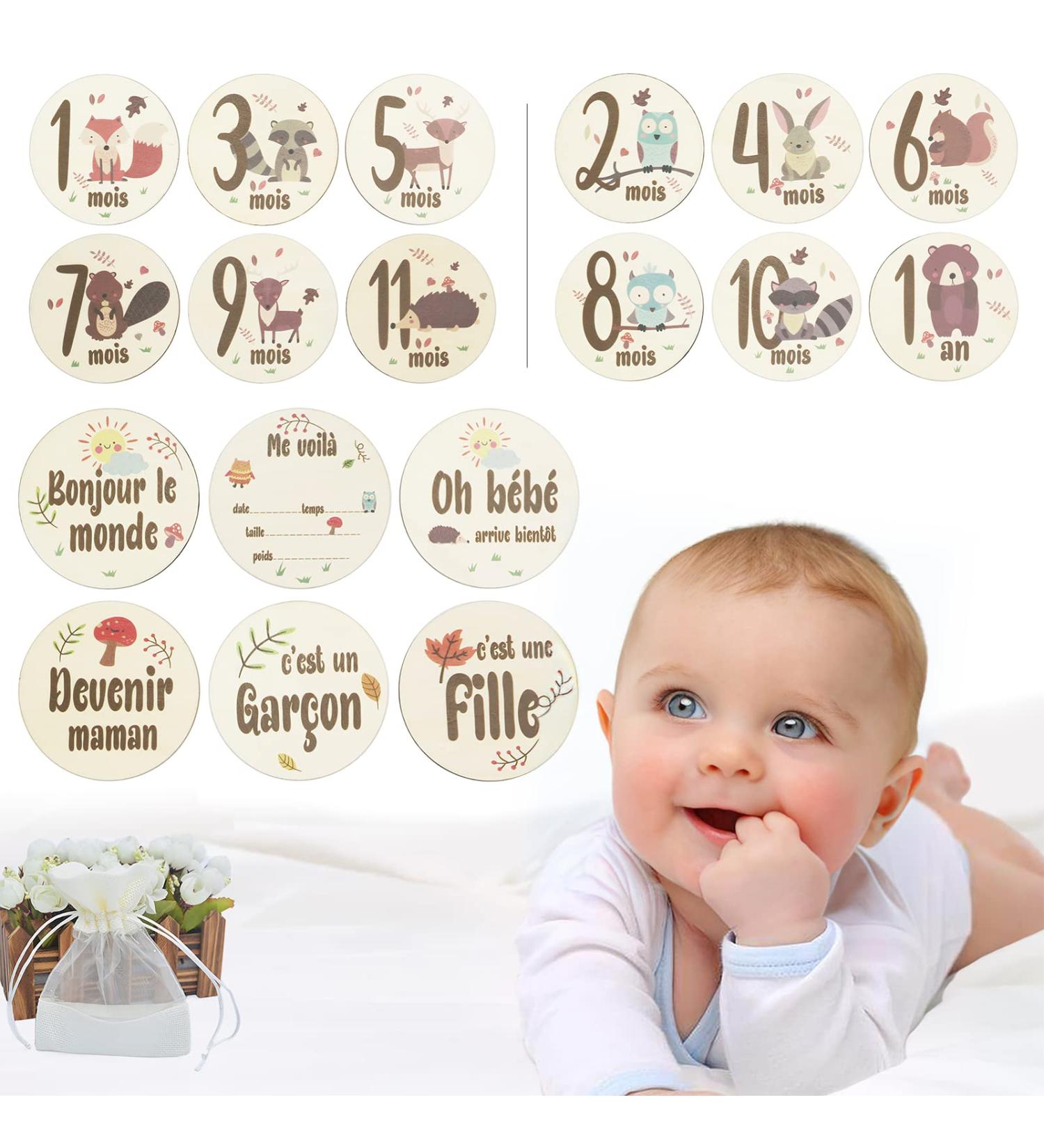 12 Pieces Baby Monthly Milestone Cards Wooden Baby Milestone Sign Baby Gift Sets First Year Growth Cards Newborn Photo Card Props Baby Birth Announcements French - Buy Online on GoSupps.com
