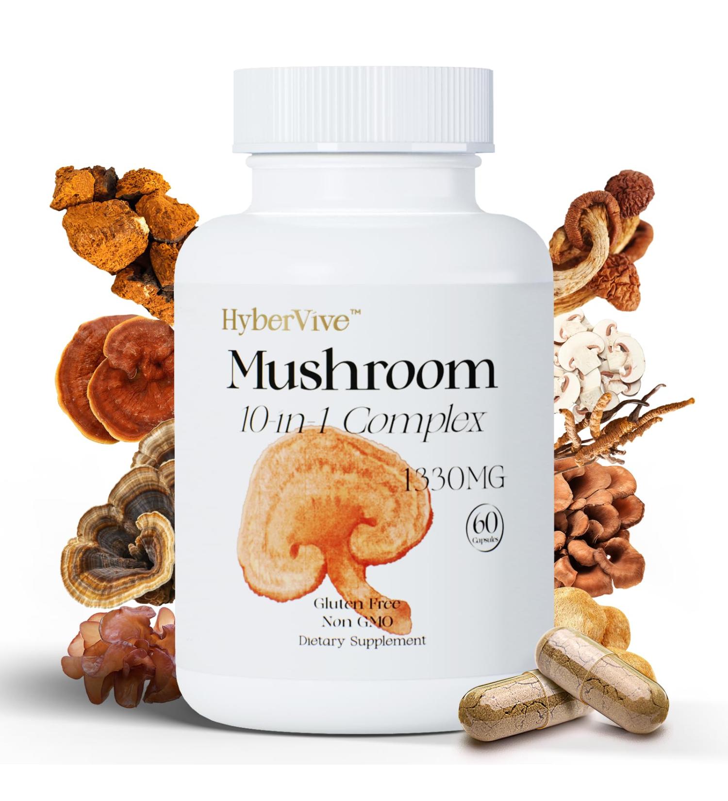 HyberVive Mushrooms with Cordyceps Lion's Mane Shiitake Mushroom Complex for Energy Immune Health Brain Support & Overall Wellness | Non-GMO Gluten-Free 1300mg Per Serving 60 Capsules - Buy Online on GoSupps.com