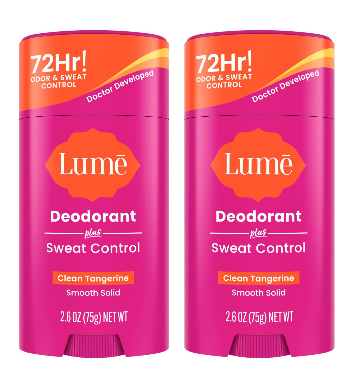 Lume Deodorant Plus Sweat Control - Smooth Solid Stick - Maximum Strength Antiperspirant - 72 Hour Odor And Sweat Control - Baking Soda Free Skin Loving - 2.6 ounce (Clean Tangerine) Pack of 2 - Buy Online on GoSupps.com