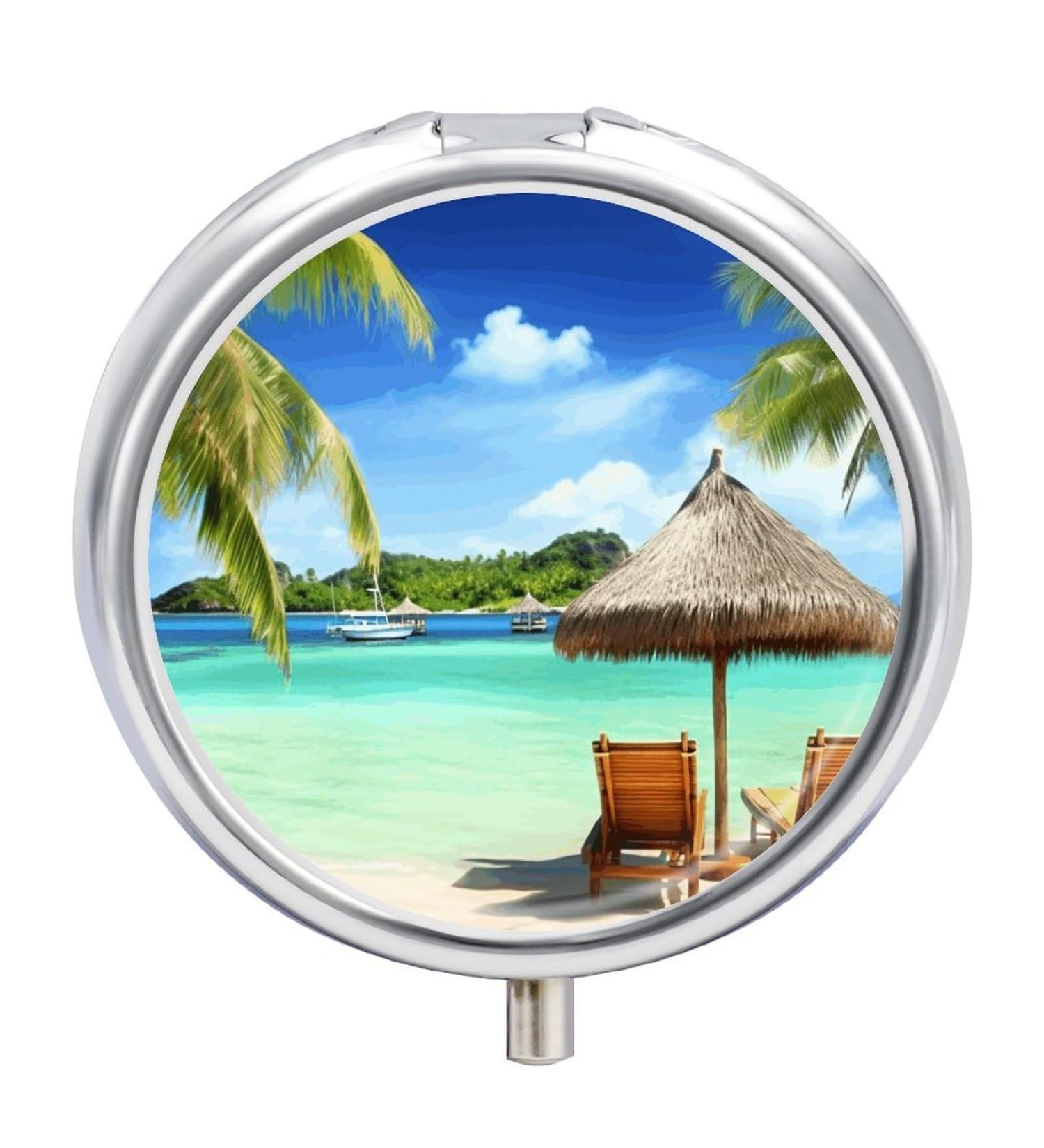 Round Pill Box - Tropical Holidays Print | 3 Compartment Medicine Organizer | Decorative Metal Portable Pocket Pill Case Style-32 - Buy Online on GoSupps.com