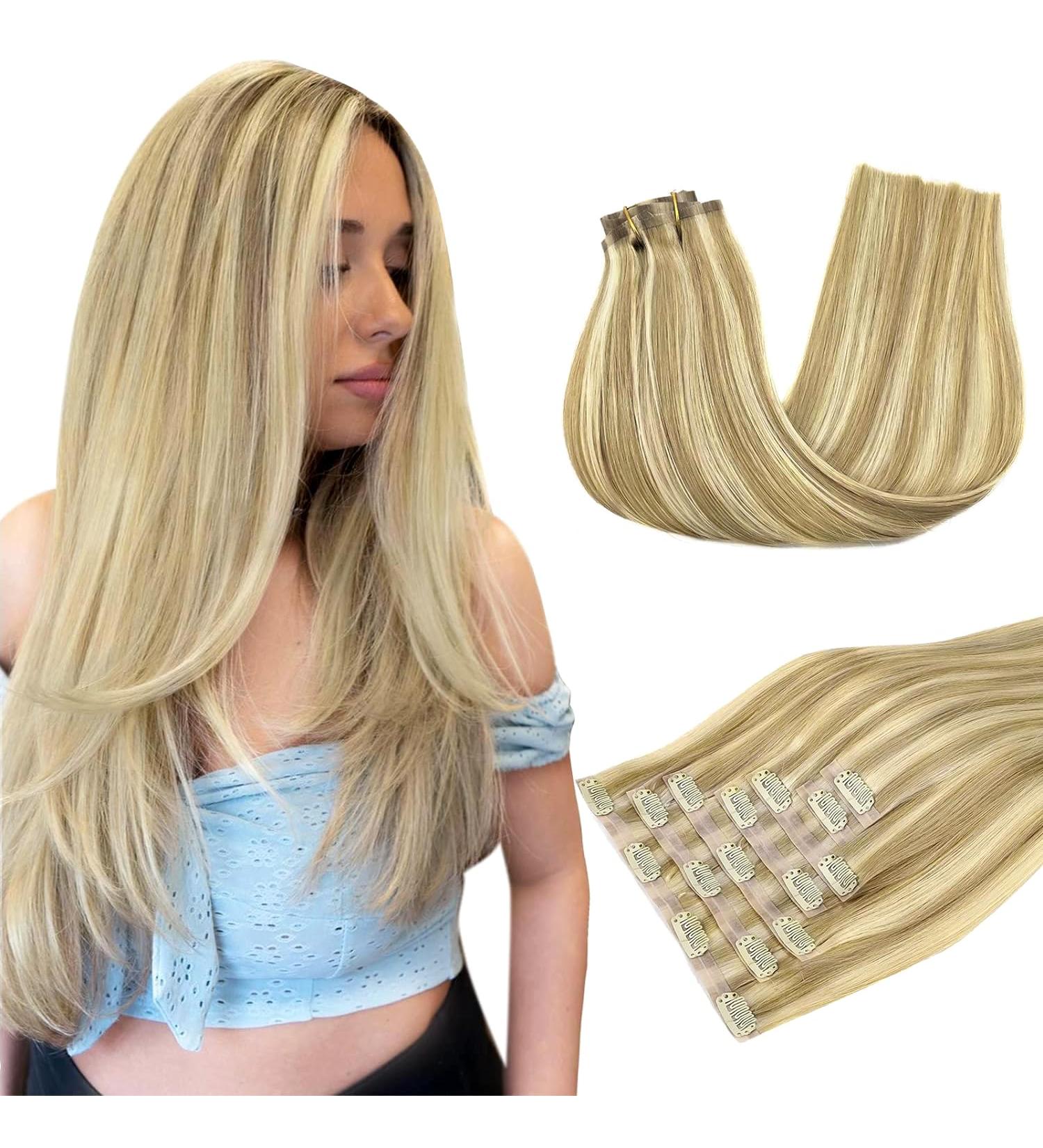 Clip In Extensions Real Hair - Light Blonde Highlights Gold Blonde 40cm 16 Inch - 110g Seamless 7 Pieces PU Human Hair Extensions - Buy Online on GoSupps.com