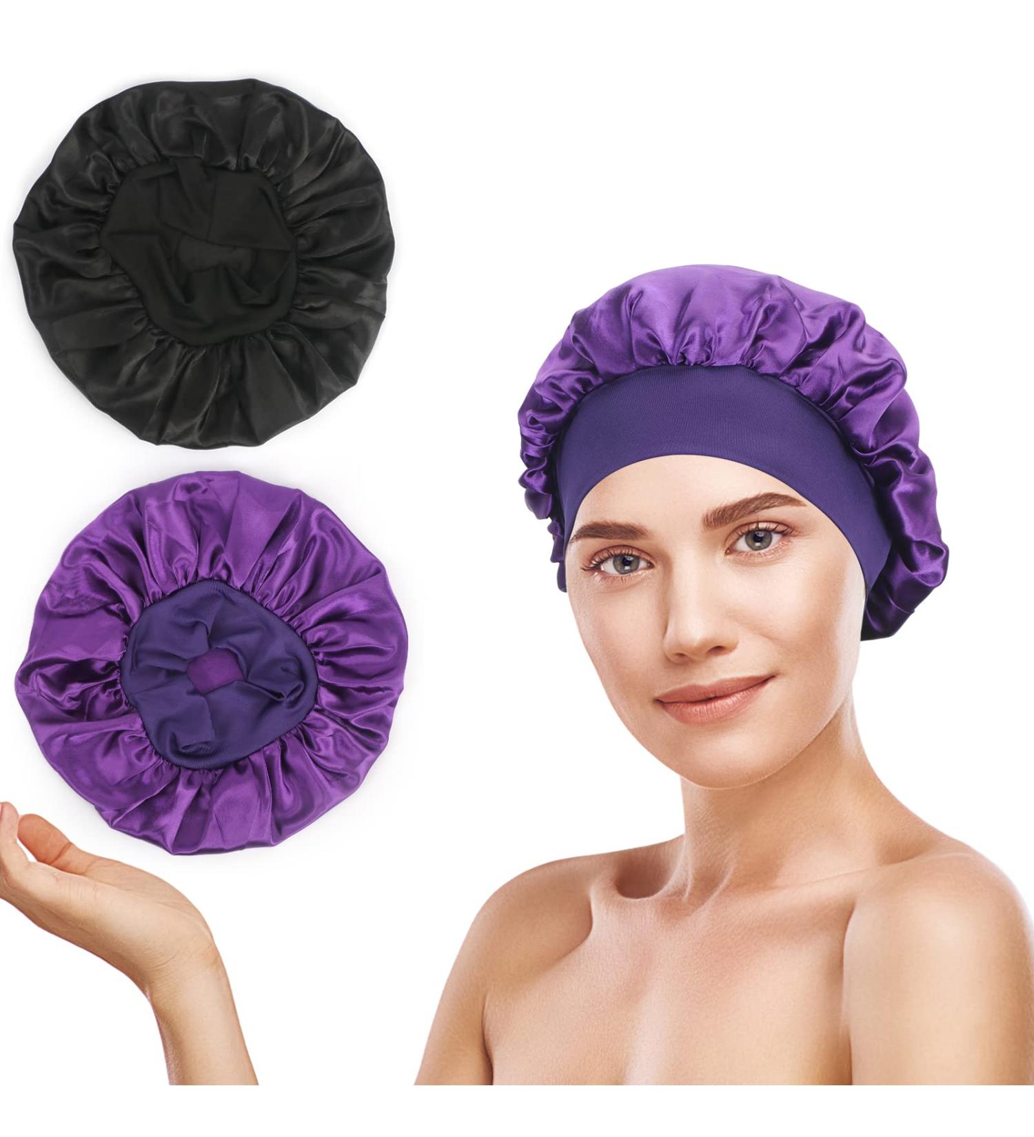 BisiVio 2 Pack Satin Sleeping Bonnet Silk Hair Curly Cap Set - Black & Purple | Adjustable Night Head Scarf for Men and Women - Buy Online on GoSupps.com