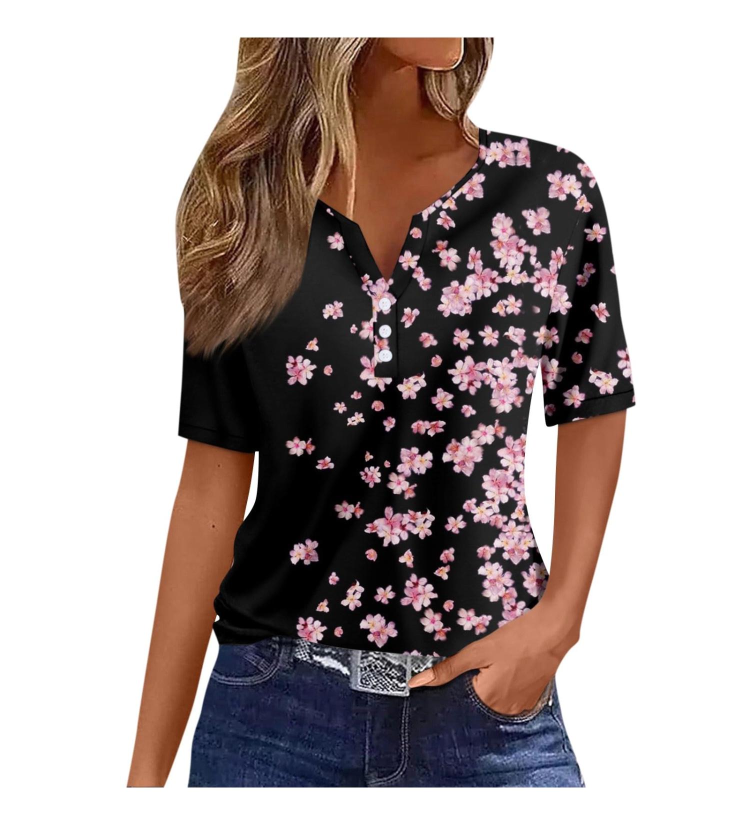 Shop Women's V-Neck Henley Tunic Shirt - Floral Print & Short Sleeve Blouse | Light & Loose Fit | Festive Tops | XL Black | International Shipping - Buy Online on GoSupps.com