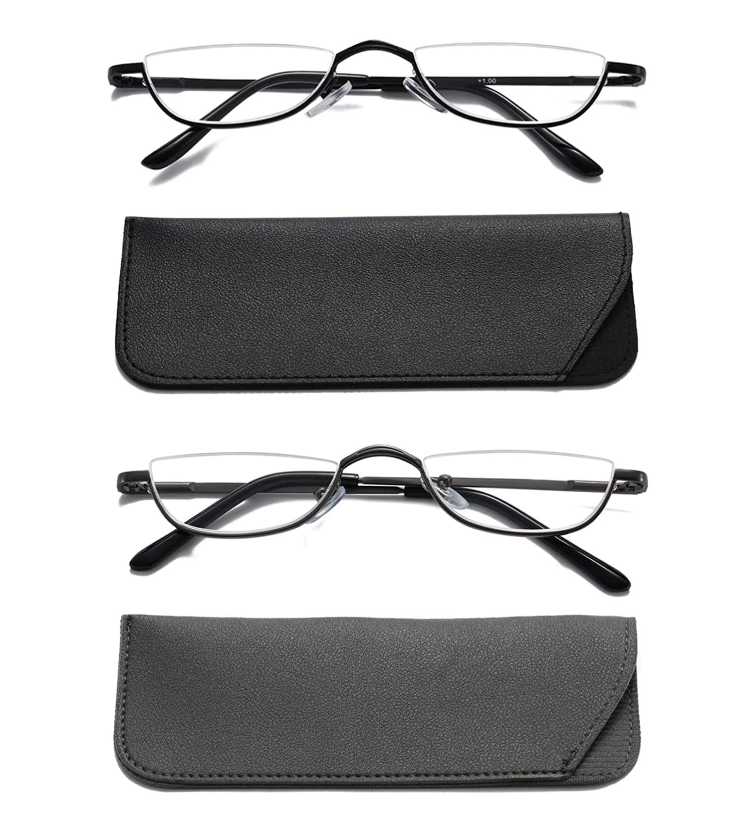 Hubeye 2 Pairs Half Moon Reading Glasses - Metal Slim Frame, Ultra Thin Lens, Spring Hinges - 2.00 Dioptres - Black/Gray - Men and Women - Buy Online on GoSupps.com