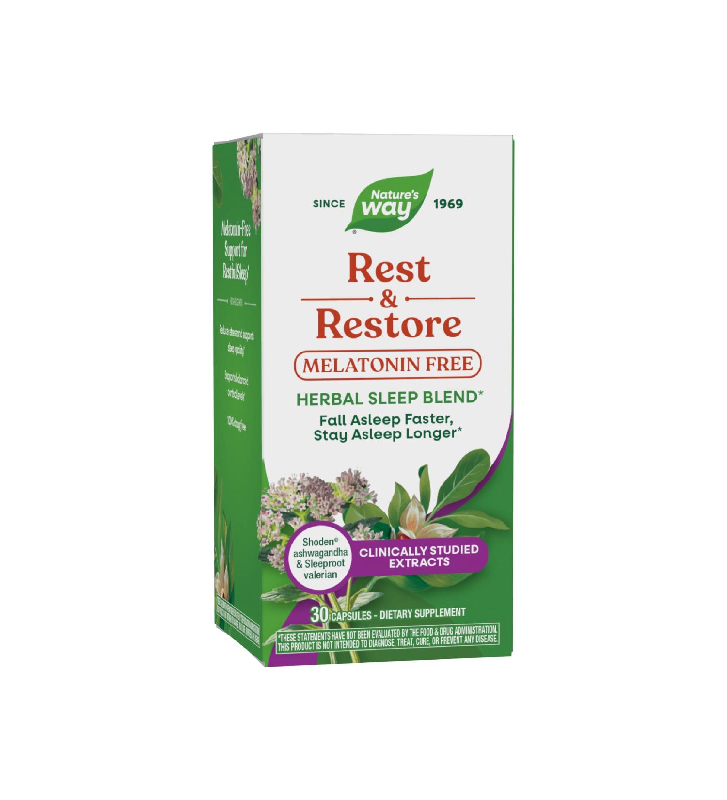 Nature s Way Rest & Restore Melatonin-Free Sleep Supplement* with Ashwagandha Valerian Vegan 30 Capsules - Buy Online on GoSupps.com