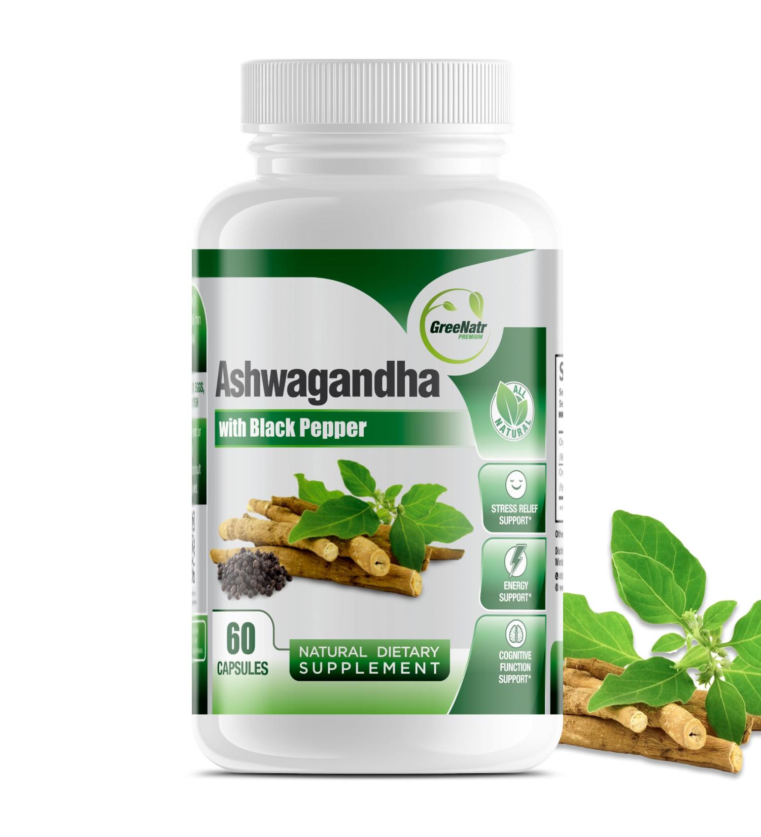 GreeNatr Organic Ashwagandha Capsules with Black Pepper for Enhanced Absorption - Mood Enhancer with Energy and Cognitive Function - 1300 mg Veggie Capsules (1 Bottle) 60 Count (Pack of 1) - Buy Online on GoSupps.com