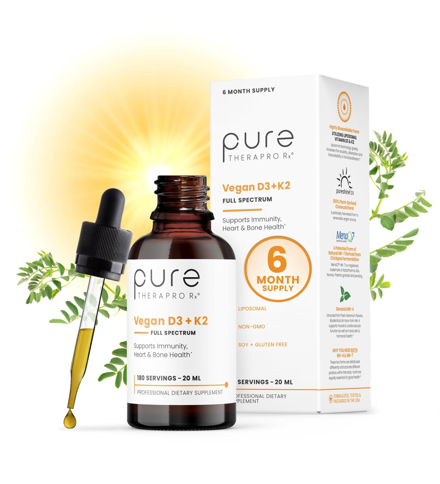 Pure Therapro Rx Vegan D3 + K2 Organic 100% Liposomal 20ml Made in USA | 6 Month Supply | Maximum Absorption Vitamin D3 and Vitamin K2 Supplements for Men and Women D3 Vitamin 5000 IU 0.68 Fl Oz (Pack of 1) - Buy Online on GoSupps.com