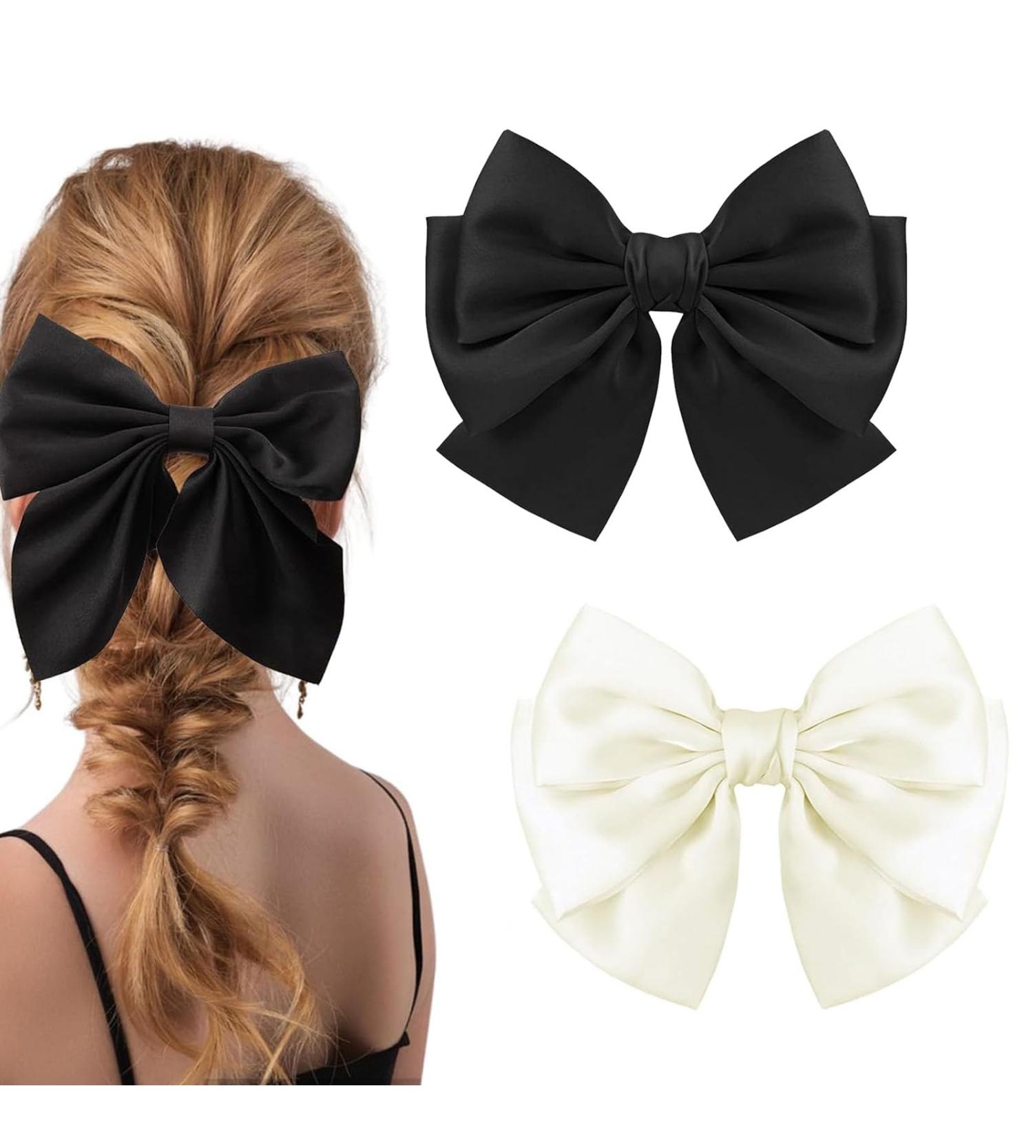 generic Bow Hair Clip 2-Piece Set Solid Color Large Bowknot Hairpin French Automatic Hair Clip Retro Bowknot Hair Clip for Women's Simple Hair Buckle Accessories(Black And Beige) - Buy Online on GoSupps.com