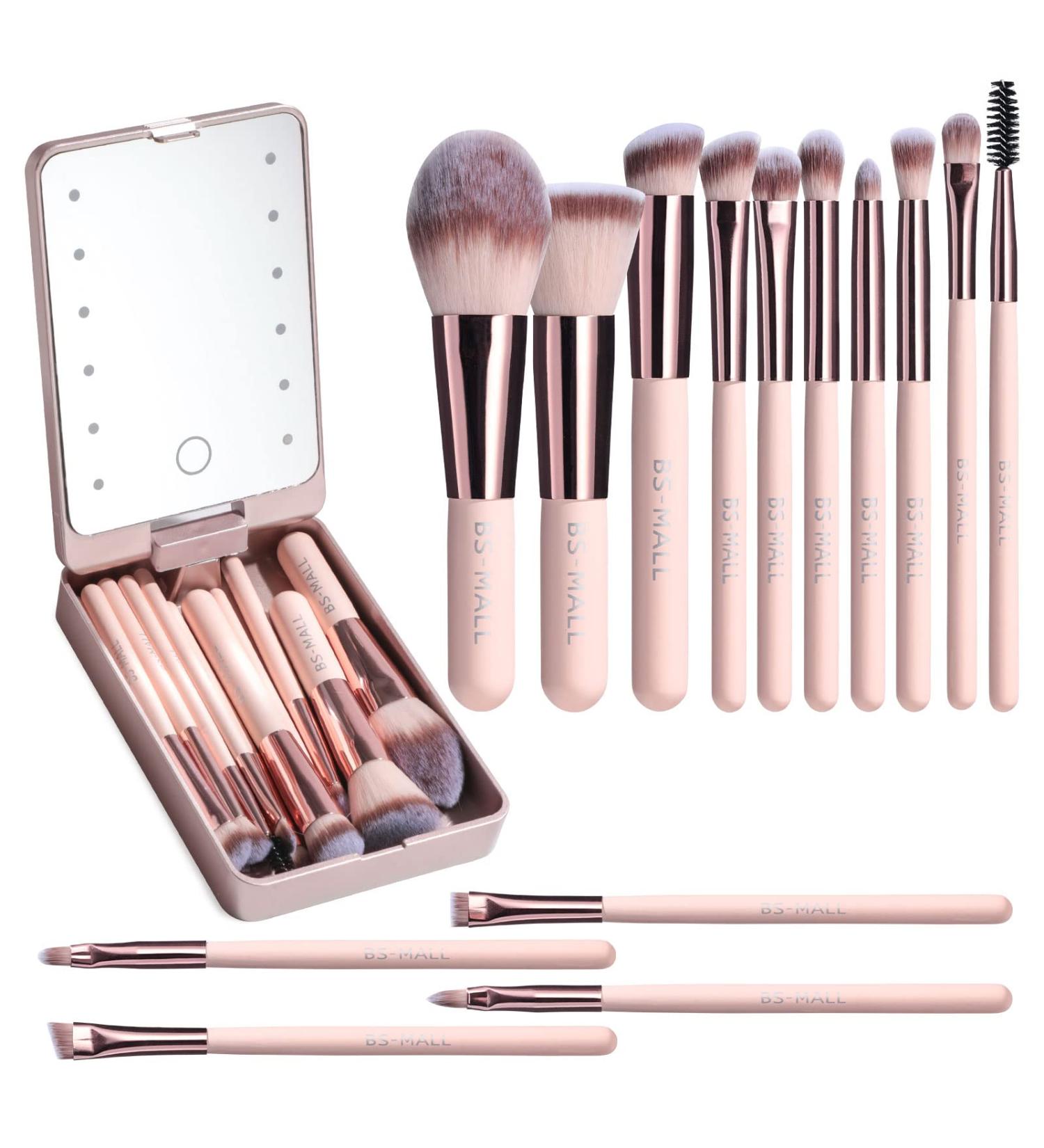 BS-MALL Travel Makeup Brush Set with LED Light Mirror - 14 Pcs Pink APINK - Buy Online on GoSupps.com