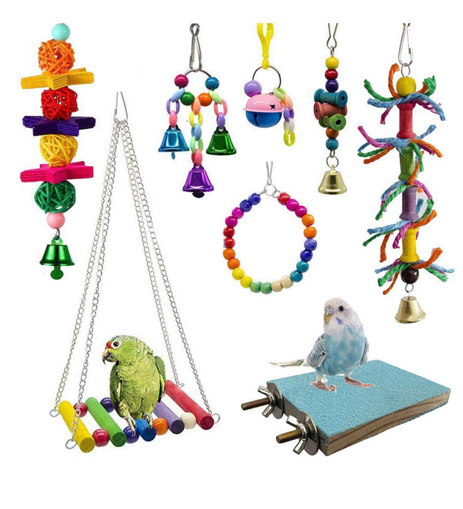 Bebester Bird Chewing Toys 8Pieces Bird Parrot Toys Bird Hanging Bell Toy Hanging Colorful Swing Chewing Toy Bells Ladder Swing for Small Parrots Macaws Parakeets Conures Cockatiels Love Birds - Buy Online on GoSupps.com