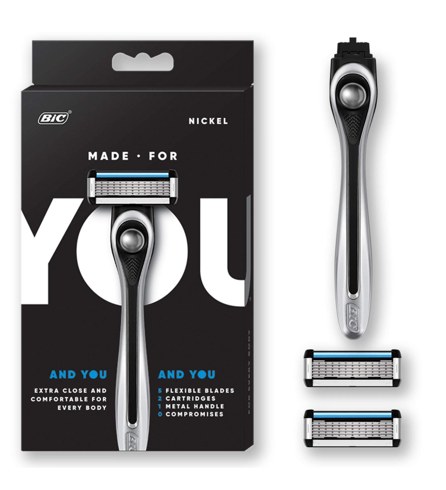 Made For YOU by BIC Shaving Razor Blades - Mens & Womens Razors Kit with 2 Cartridge Refills - Nickel Handle & 5-Blade Razors for Smooth Shave - Buy Online on GoSupps.com