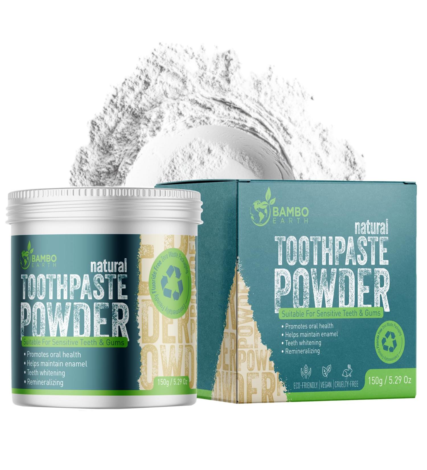BAMBOEARTH Natural Fluoride Free Toothpaste Powder - Remineralizing Whitening Sensitive Teeth Tooth Powder with Baking Soda and 100% Zero Waste Packaging - Buy Online on GoSupps.com