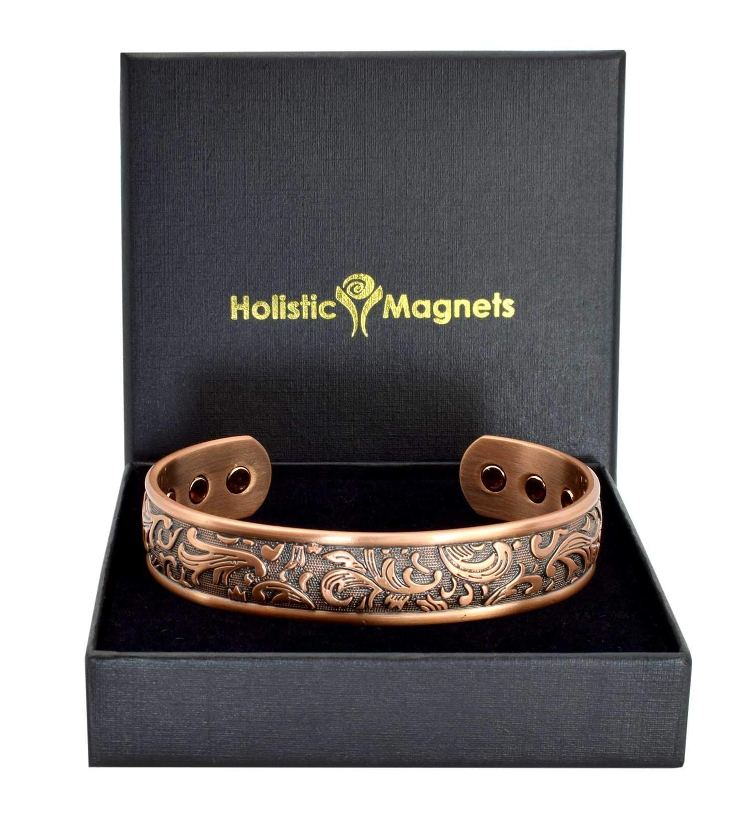 Ladies Pure Copper Magnetic Bracelet Women Copper Bangle Cuff Holistic Magnetic Band with 6 Strong Neodymium Magnets Adjustable Floral Pattern-PC (L: Wrist 19.5-22.5cm/7.6-8.75") - Buy Online on GoSupps.com