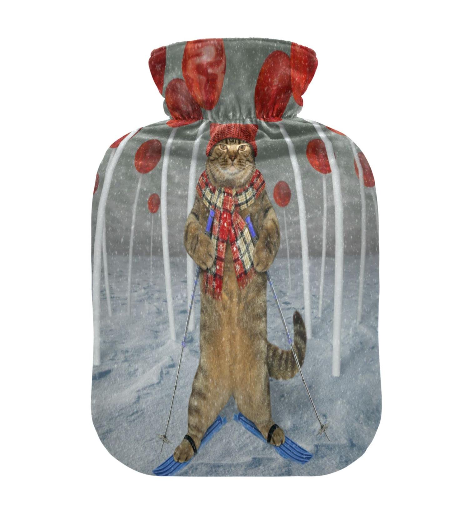 Cat Skier Hot Water Bottle - 2 Litre Fleece Cover for Hot & Cold Compress - Lollipop Forest Design - International Shipping - Buy Online on GoSupps.com