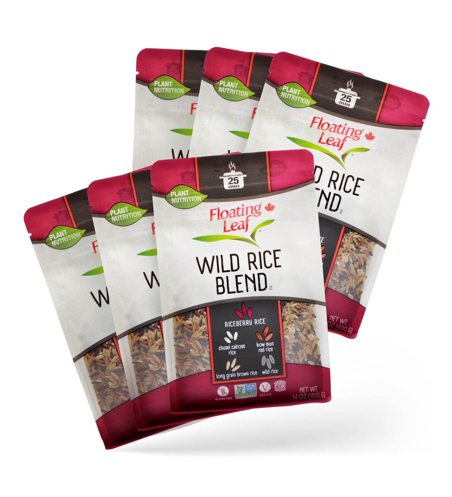 Pack of 6 x 400g Wild Rice Blend with Long Grain Brown Rice Chusei Calrose Rice Riceberry Rice Black Rice Kow Mun Red Jasmine Rice Non Gluten Non-GMO Kosher and Vegan - Floating Leaf