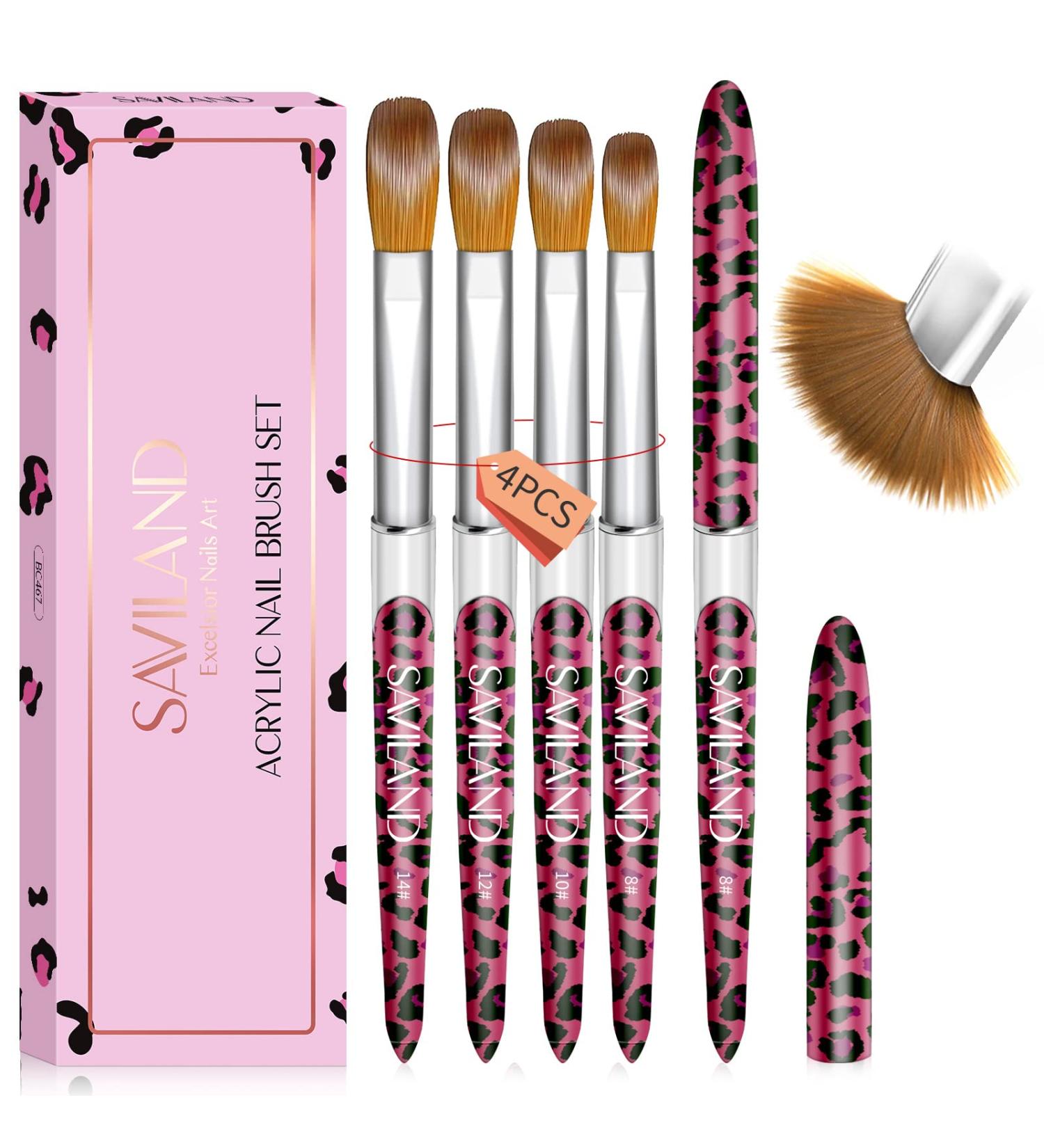 Saviland Acrylic Nail Brush Set - 4PCS Pink Leopard Print Brushes for Nail Extensions & Carving - Sizes 8/10/12/14 - Buy Online on GoSupps.com
