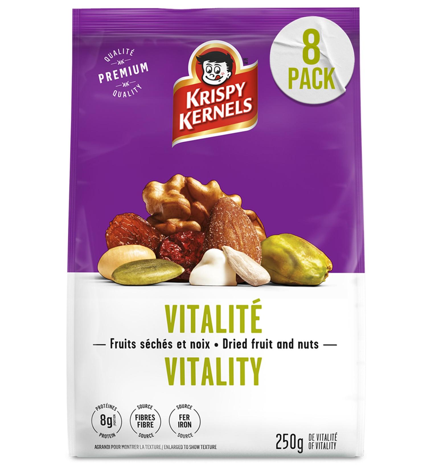 Krispy Kernels Dried Fruits & Nuts - Vitality Mixed Nuts Rich in Fibre Iron & Protein Cranberries Raisins Soybeans Almonds Yogurt chips Sunflower & Pumpkin Seeds Walnuts Pistachios Snacks 8 x 225g - Buy Online on GoSupps.com