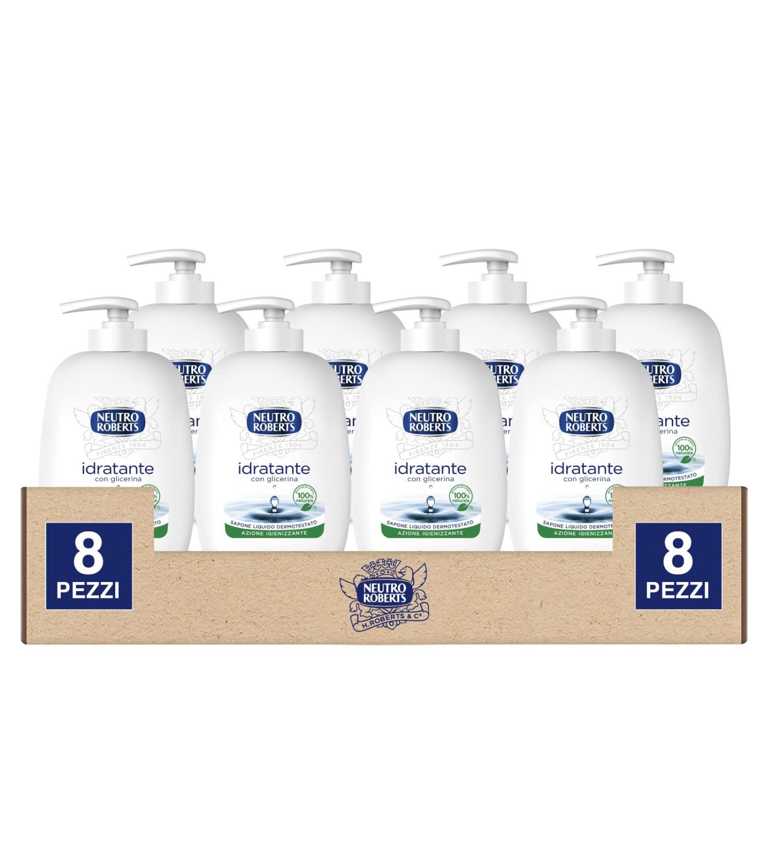 Neutro Roberts Neutro Roberts Moisturizing Liquid Soap with hemolytic and disinfectant action for hydrated and soft skin formula with natural glycerin paraben-free dermatologically tested 8 x 200ml bottles