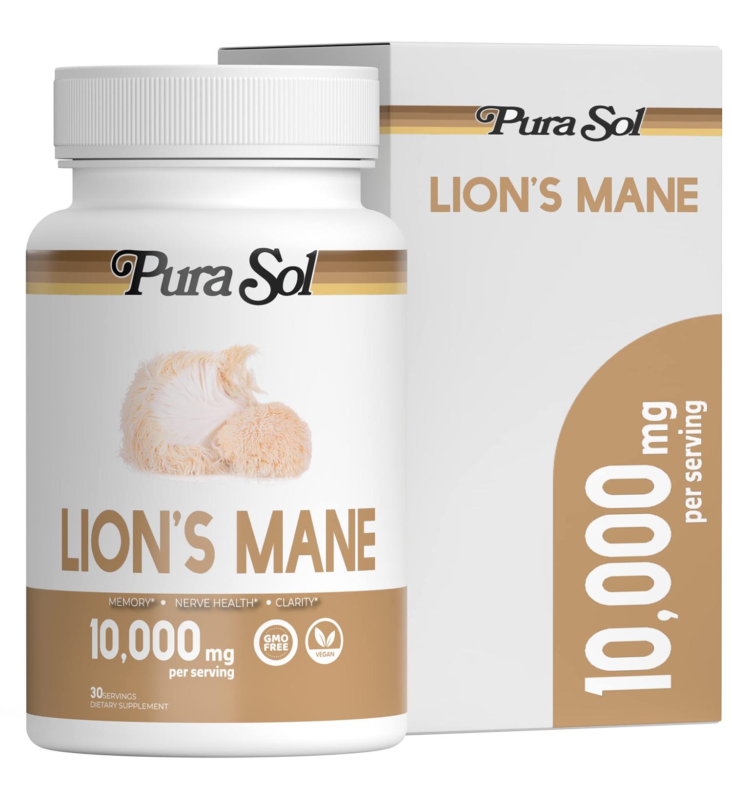 Pura Sol Lion's Mane Mushroom Capsules 10,000mg - Focus & Clarity Supplement - Buy Online on GoSupps.com