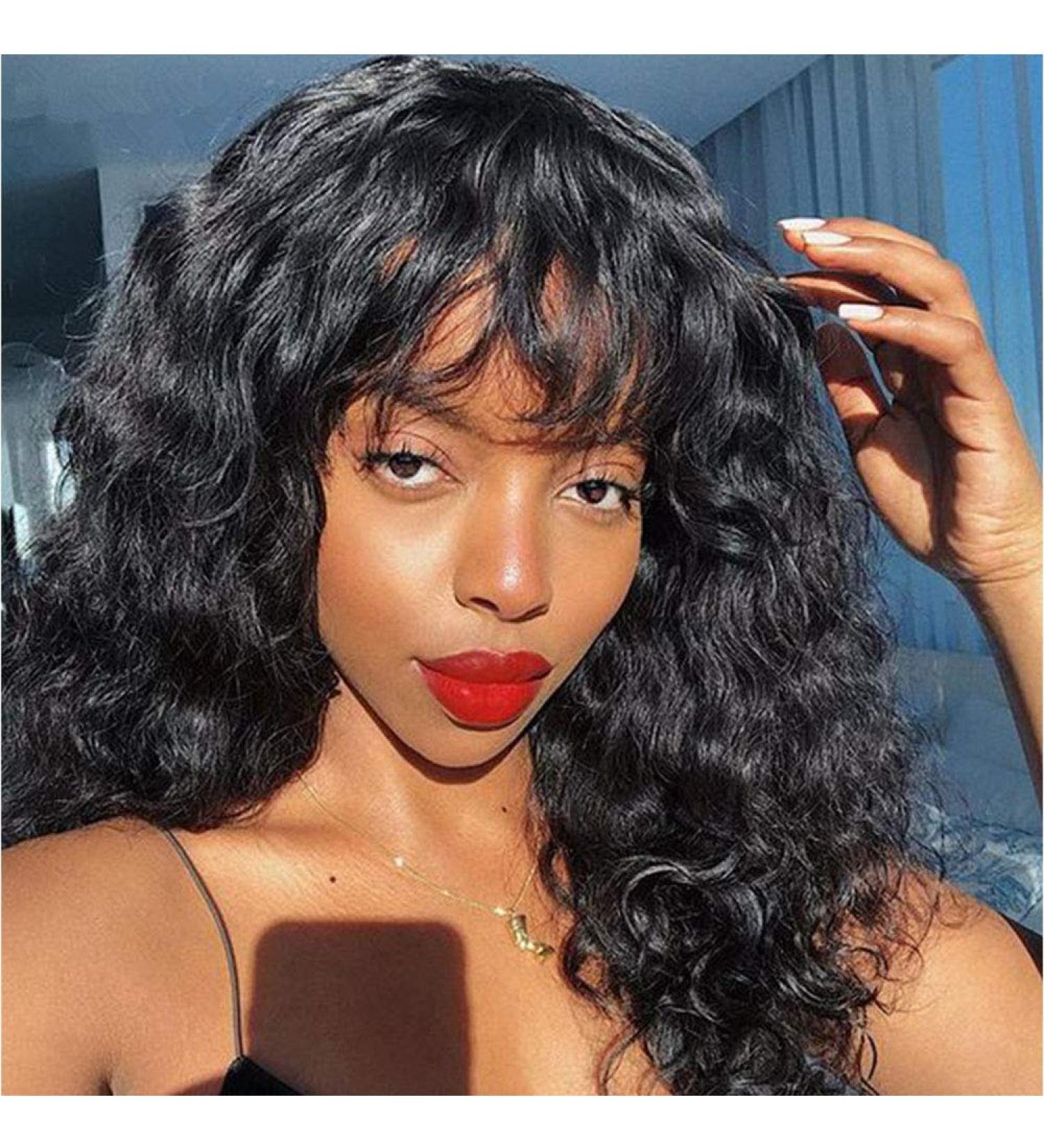Borchan Water Wave Human Hair Wig with Bangs - 16 Brazilian Virgin Hair, Glueless Full Machine Made Wig for Black Women - 150% Density - Buy Online on GoSupps.com